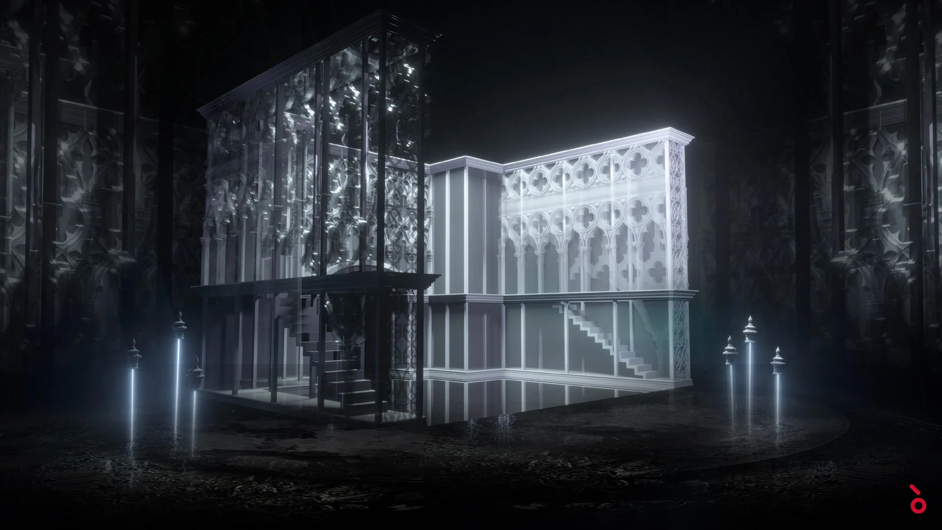 Render of a glowing Gothic glass building with staircases, ringed by luminous posts in the darkness – La Gioconda at La Scala, Milan, Italy, 2022 – opera set design