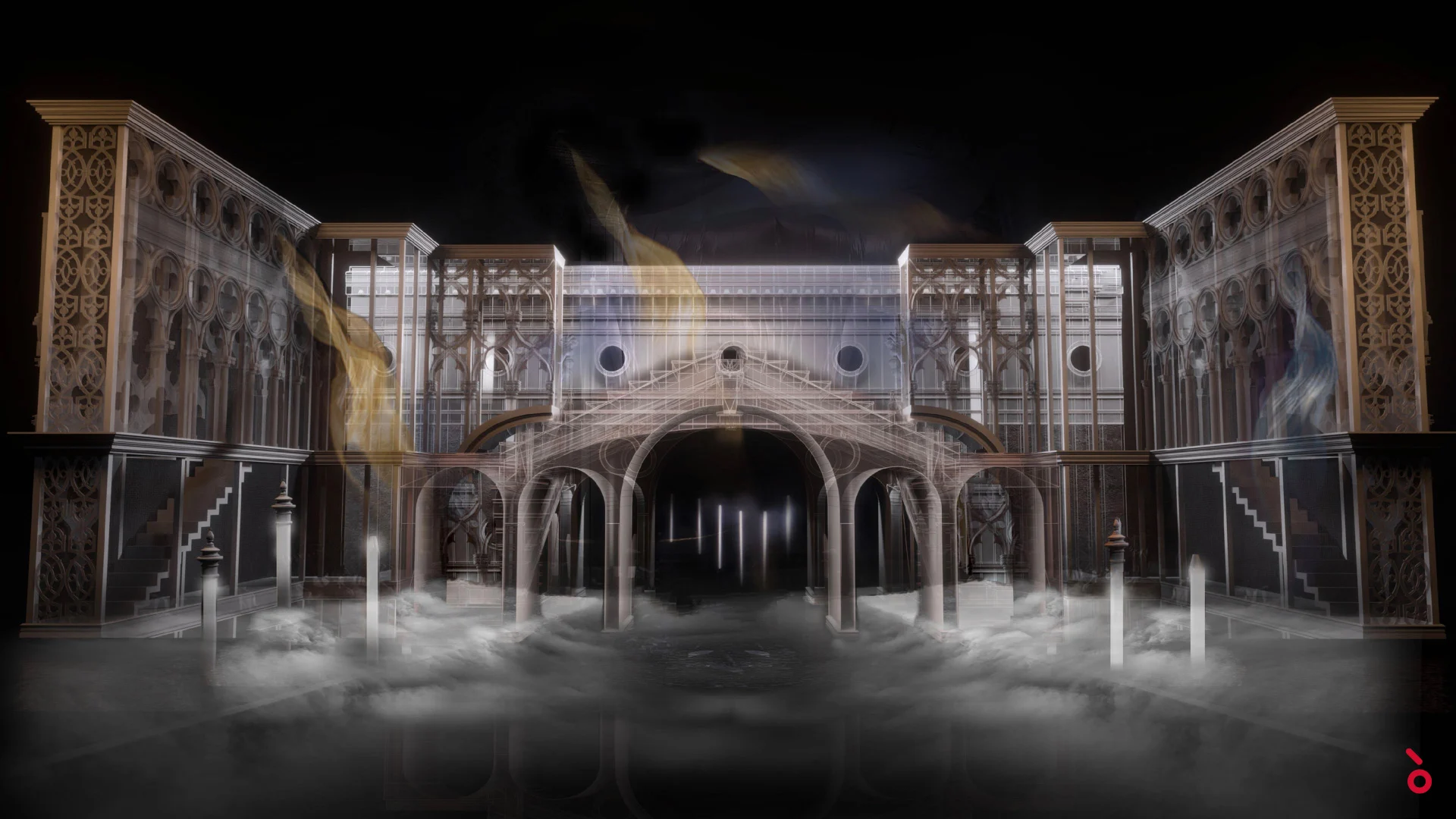 Render of the Venetian set: Gothic facades and an arched bridge over misty water, lit by pale mooring posts – La Gioconda at La Scala, Milan, Italy, 2022 – opera set design