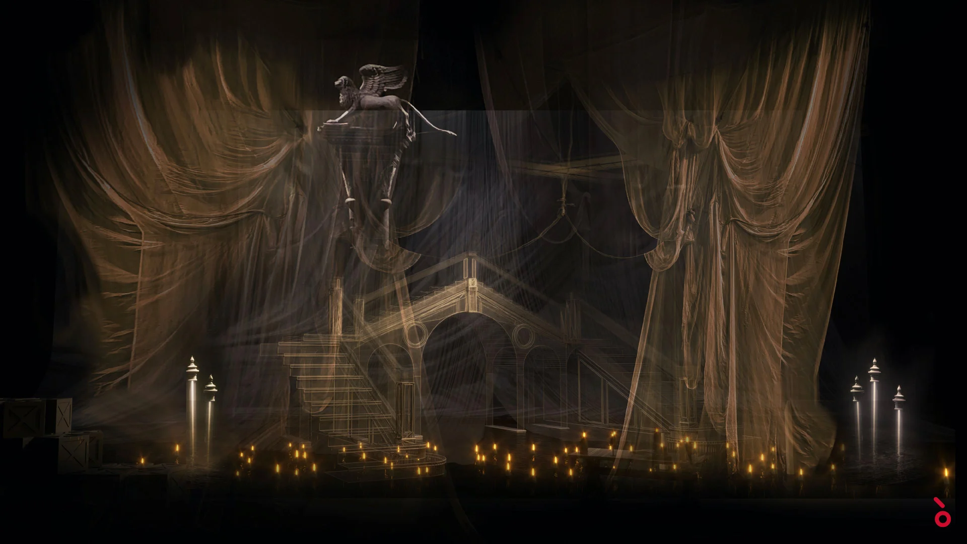 Render of a bridge and staircase behind golden drapes, a winged lion above and candles across the floor – La Gioconda at La Scala, Milan, Italy, 2022 – opera set design