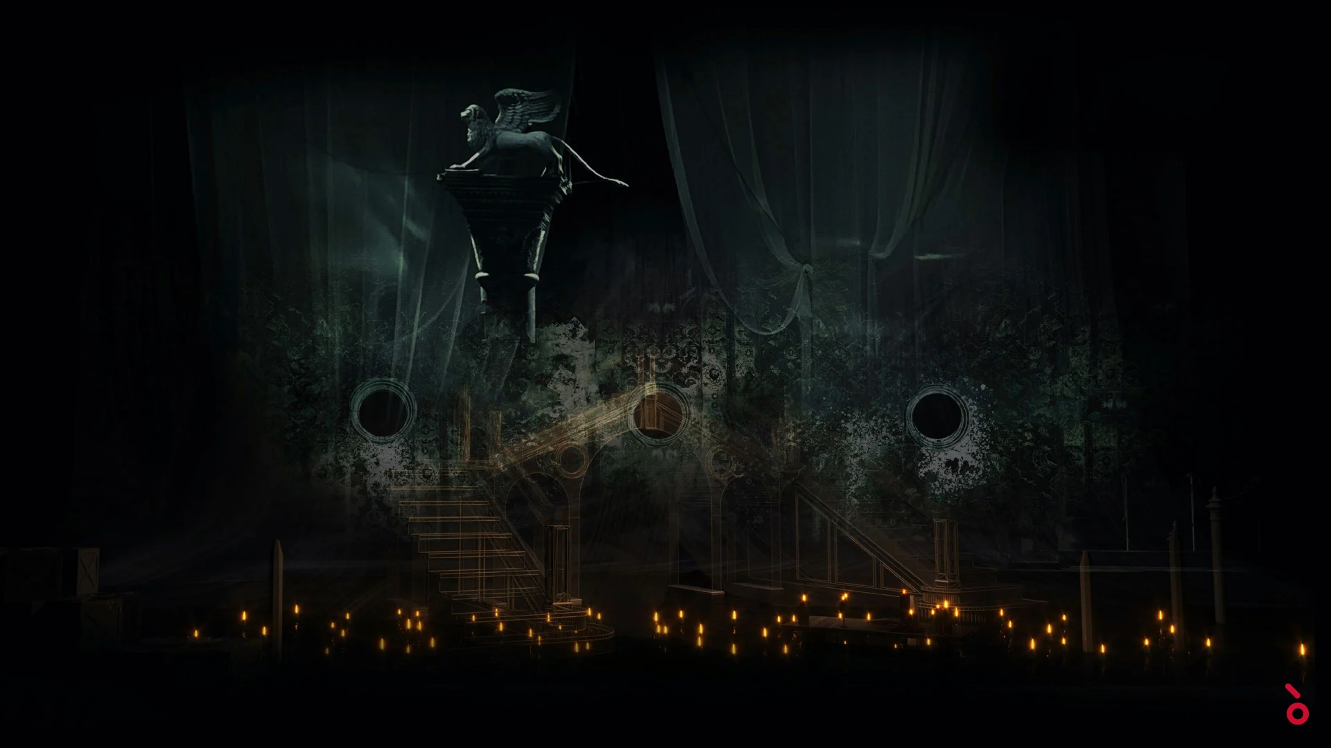Dark render with a winged lion on a column, round portholes and staircases lit by candlelight – La Gioconda at La Scala, Milan, Italy, 2022 – opera set design