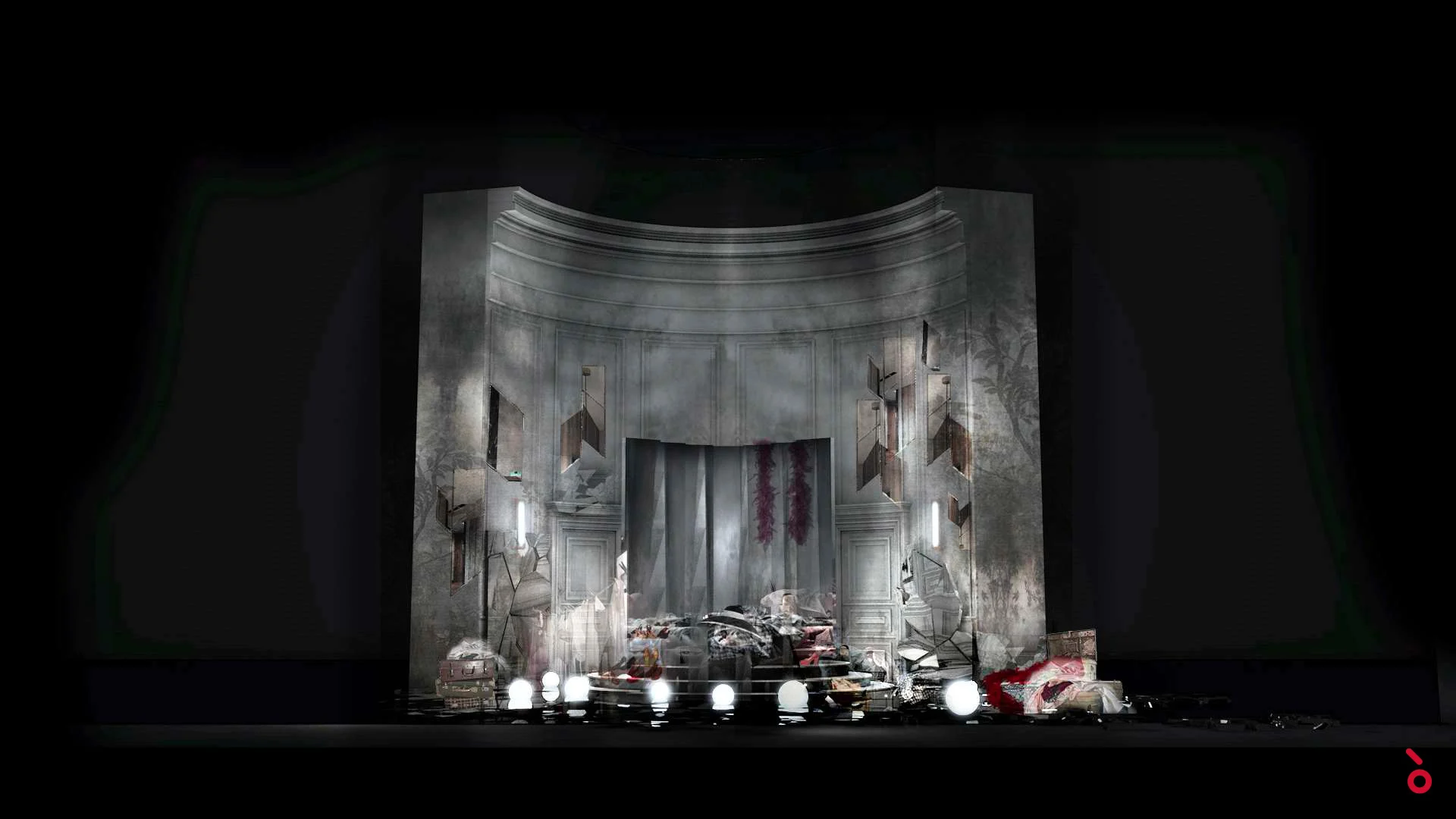Render of the set with a curved grey wall, a draped central opening and furniture heaped along the front – La Traviata at Maggio Musicale Fiorentino, Florence, Italy, 2022 – opera set design