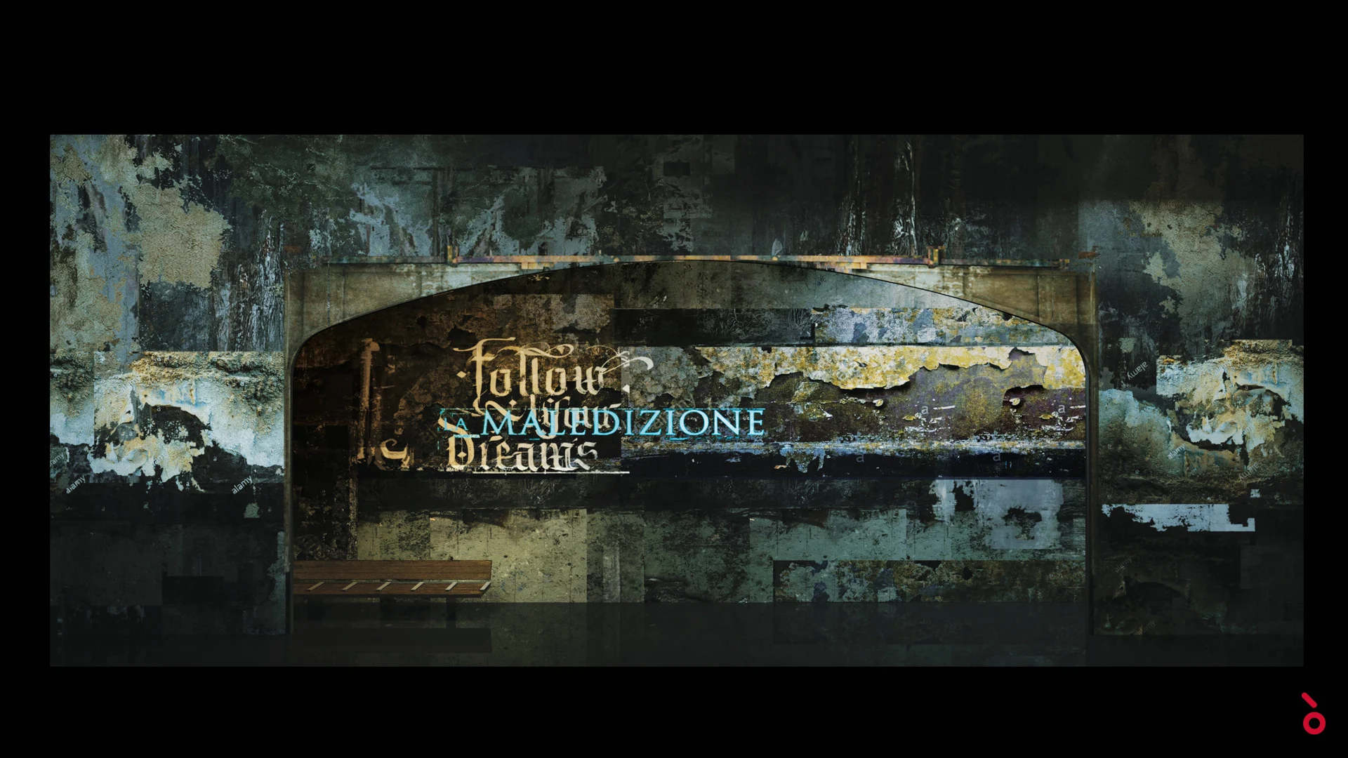 Render of a peeling wall under an arch with Follow Your Dreams and Maledizione lettering and a bench – Rigoletto at Maggio Musicale Fiorentino, Florence, Italy, 2021 – opera set design