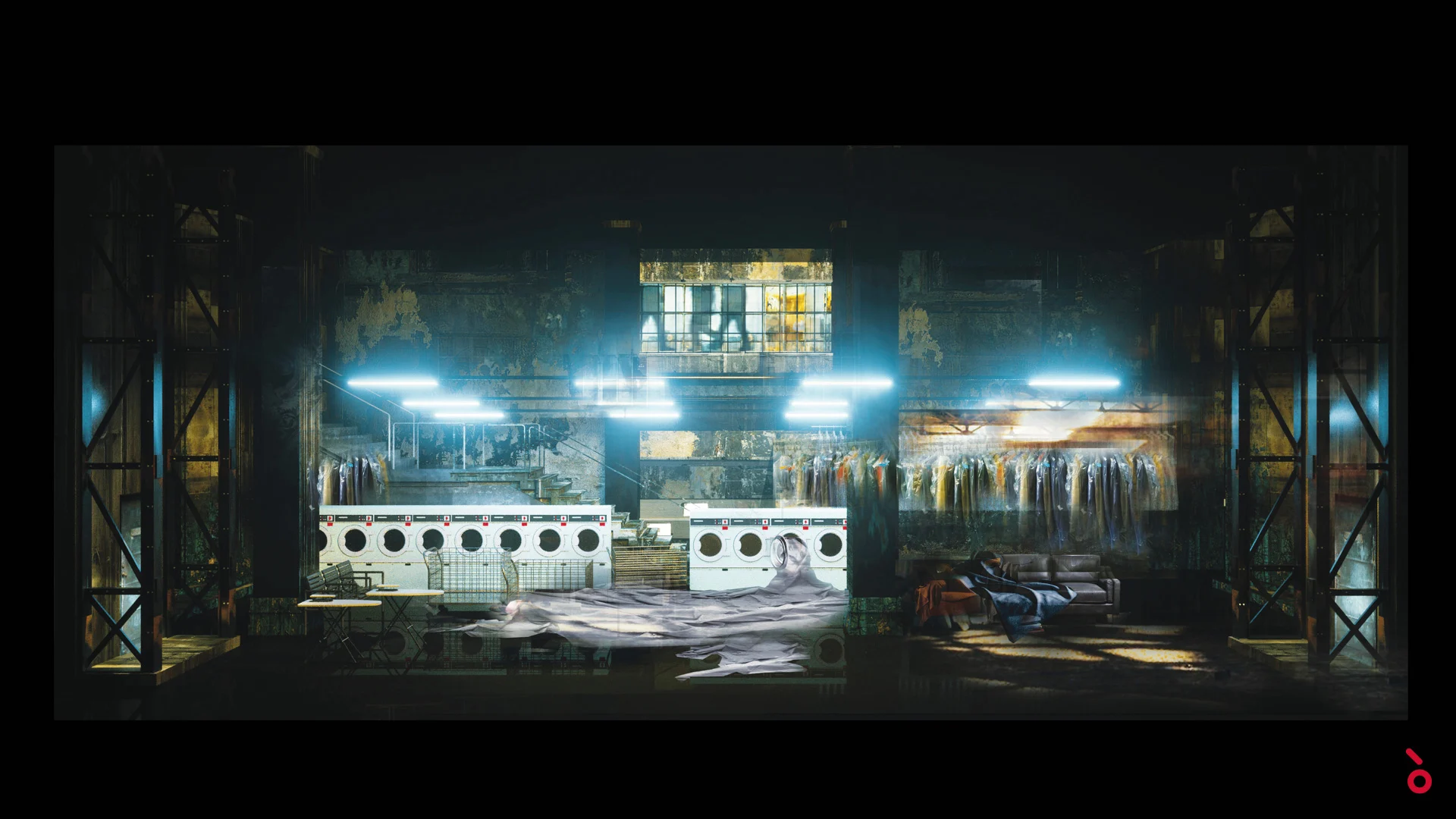 Render of a laundromat set with rows of washing machines, hanging clothes and blue neon tubes – Rigoletto at Maggio Musicale Fiorentino, Florence, Italy, 2021 – opera set design
