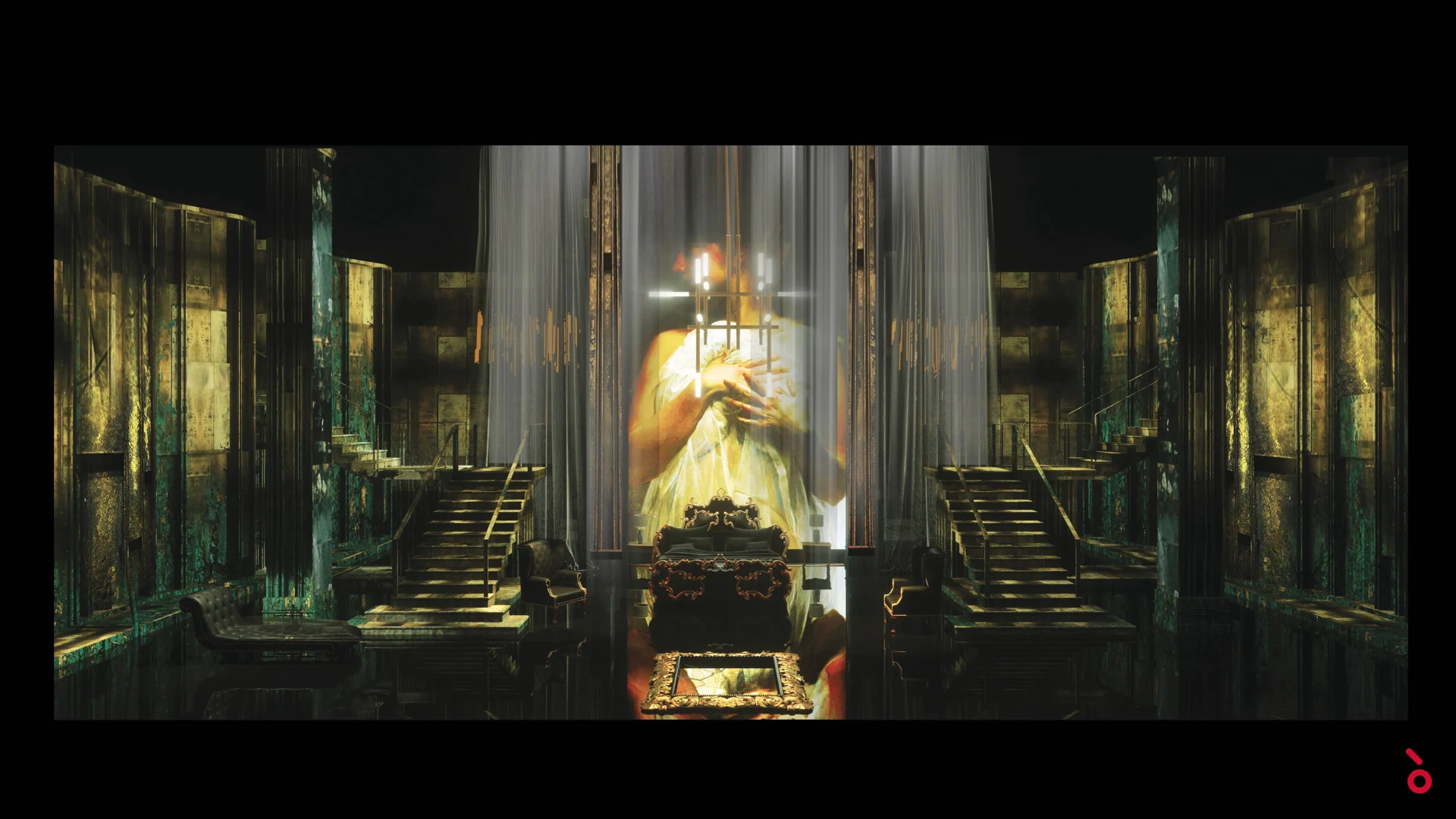 Render of a dark gilded hall with twin staircases and a projected figure behind sheer curtains – Rigoletto at Maggio Musicale Fiorentino, Florence, Italy, 2021 – opera set design