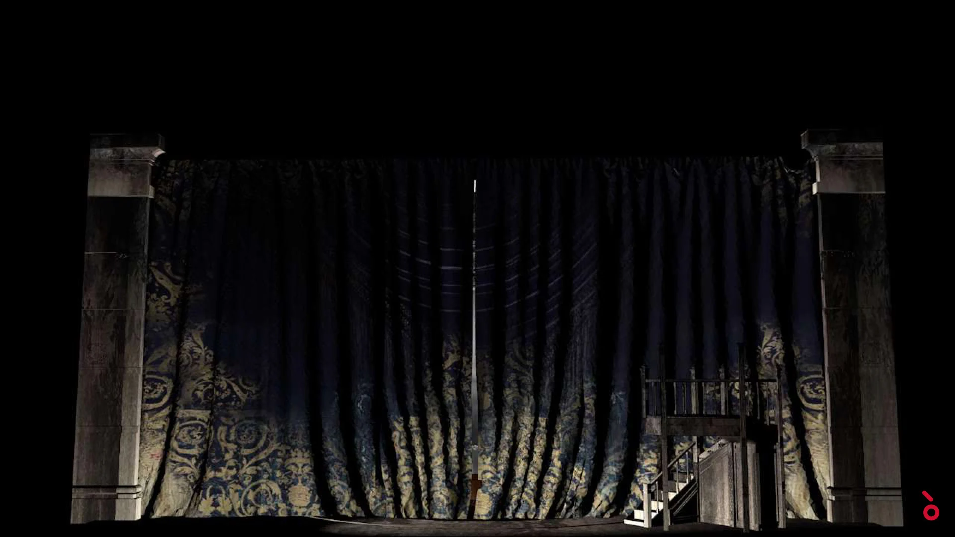 Render of a dark curtain with a gold floral pattern between two stone pillars, a staircase at right – Luisa Fernanda at Teatro de la Zarzuela, Madrid, Spain, 2021 – opera set design