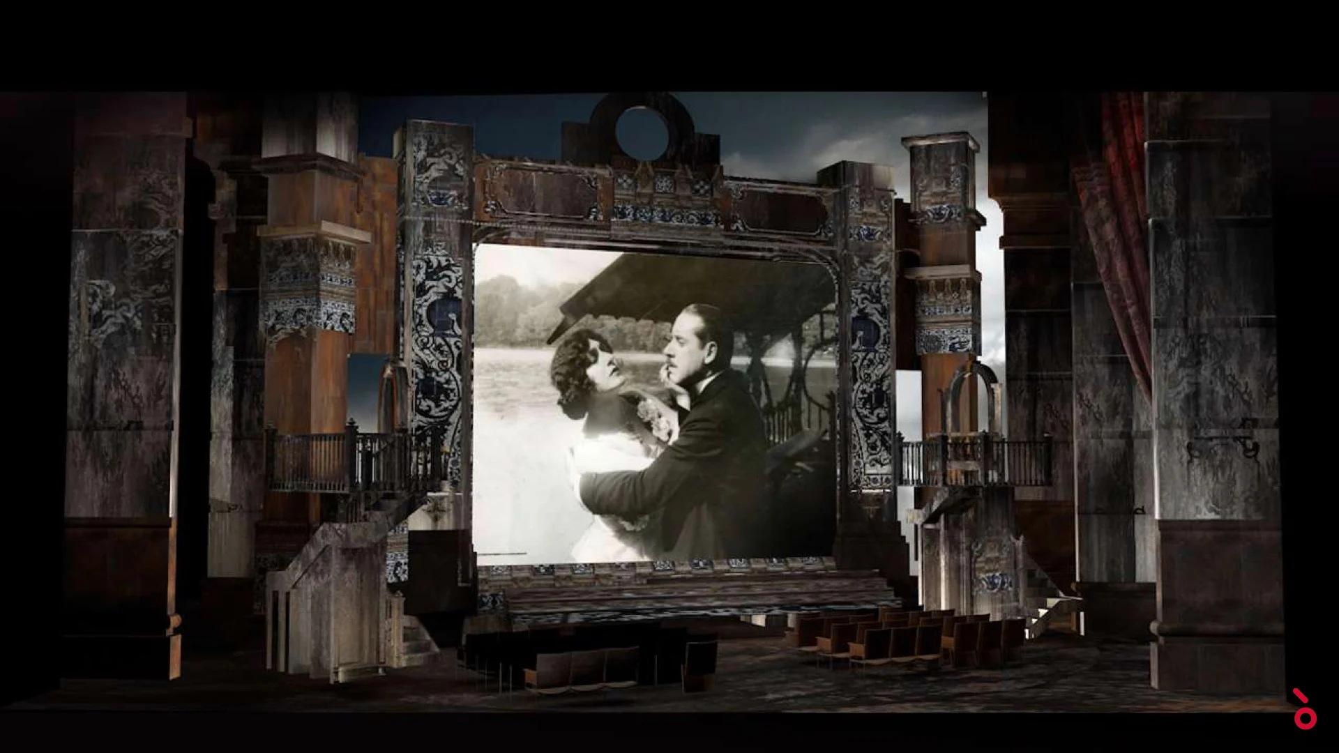 Render of the cinema set with a black-and-white film still of a couple on screen and rows of seats – Luisa Fernanda at Teatro de la Zarzuela, Madrid, Spain, 2021 – opera set design