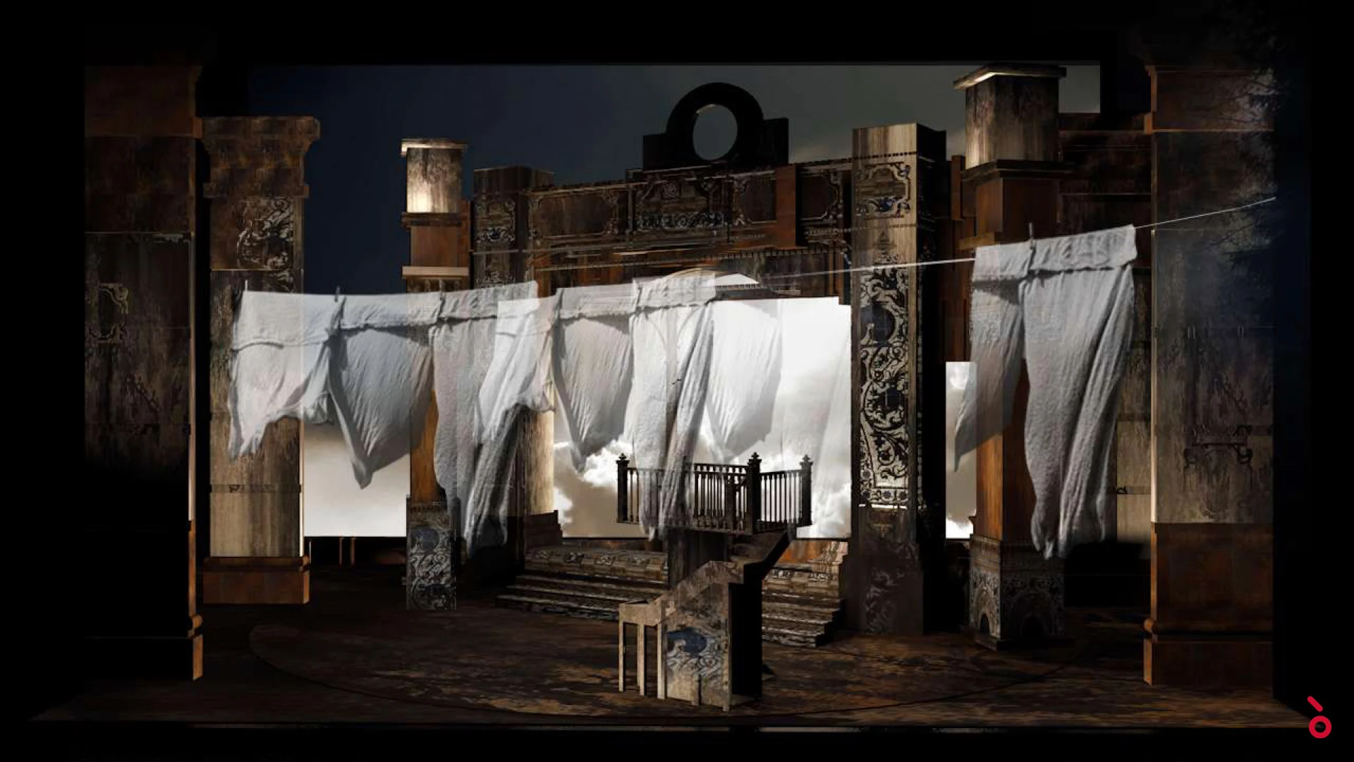 Render of white sheets hung on a line between carved stone pillars in front of the cinema facade – Luisa Fernanda at Teatro de la Zarzuela, Madrid, Spain, 2021 – opera set design