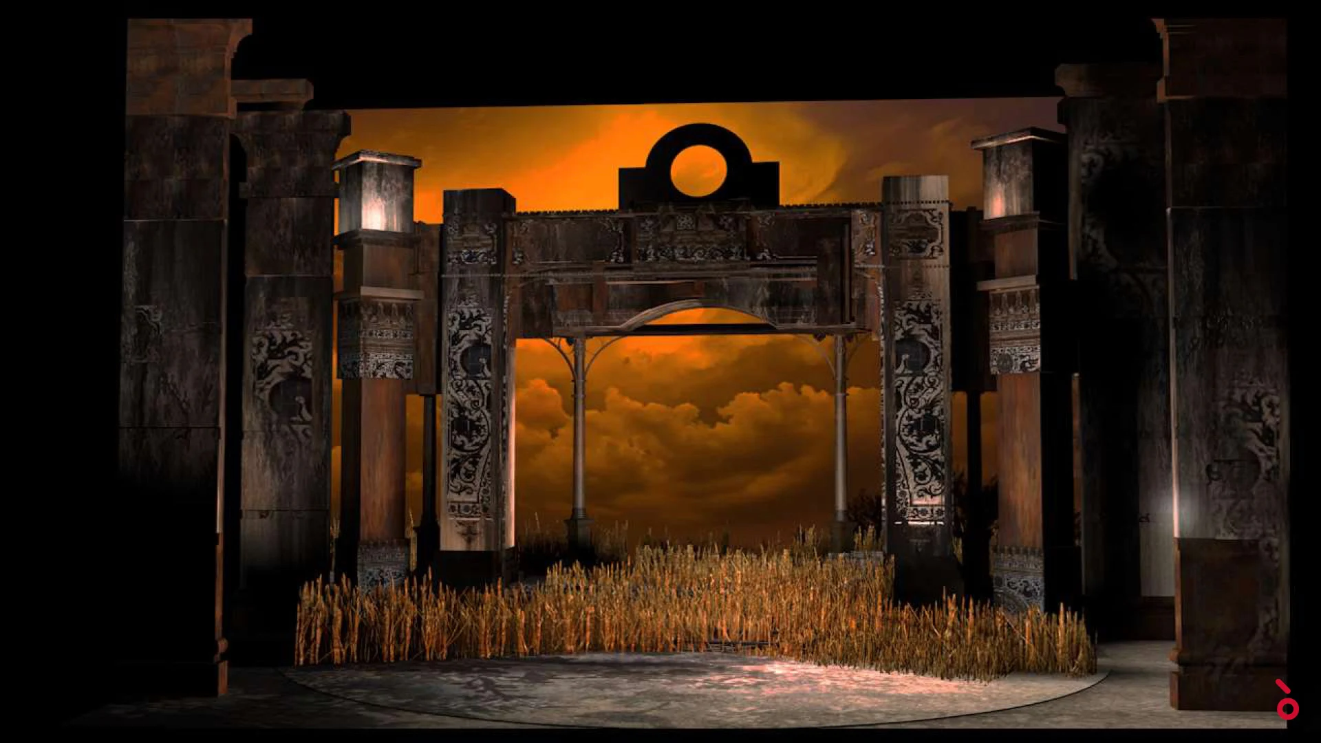 Render of the carved gateway against an orange cloudy sky, with a field of wheat in front – Luisa Fernanda at Teatro de la Zarzuela, Madrid, Spain, 2021 – opera set design