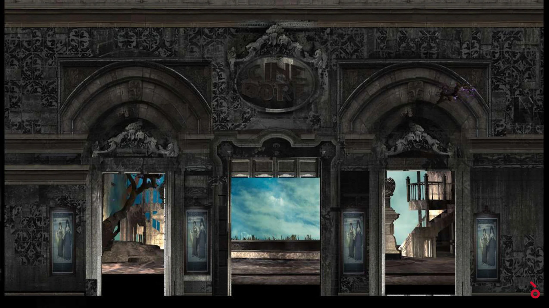 Render of the ornate cinema facade with three openings showing sky and ruined city views – Luisa Fernanda at Teatro de la Zarzuela, Madrid, Spain, 2021 – opera set design
