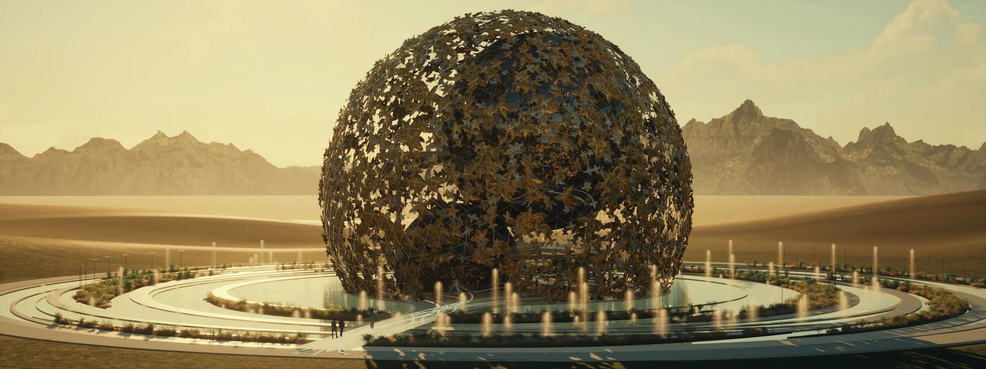 Wide render of the globe in a desert valley, ringed by circular paths and fountains, mountains behind – Scent Museum, 2022 – architecture concept