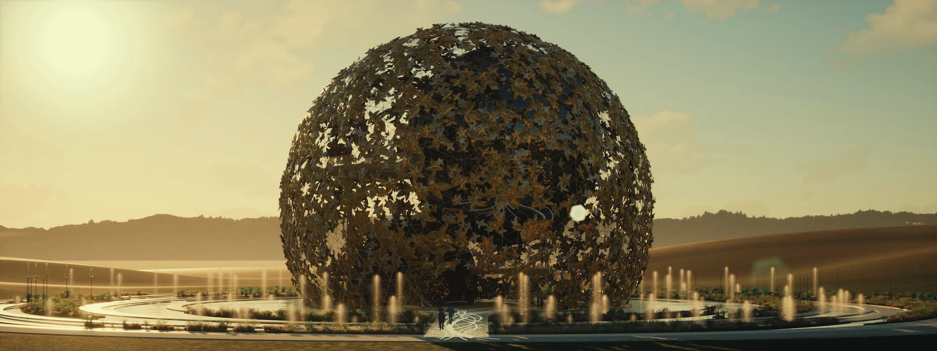 Render of the globe on a rolling plain, its dark perforated shell lit by a hazy low sun – Scent Museum, 2022 – architecture concept