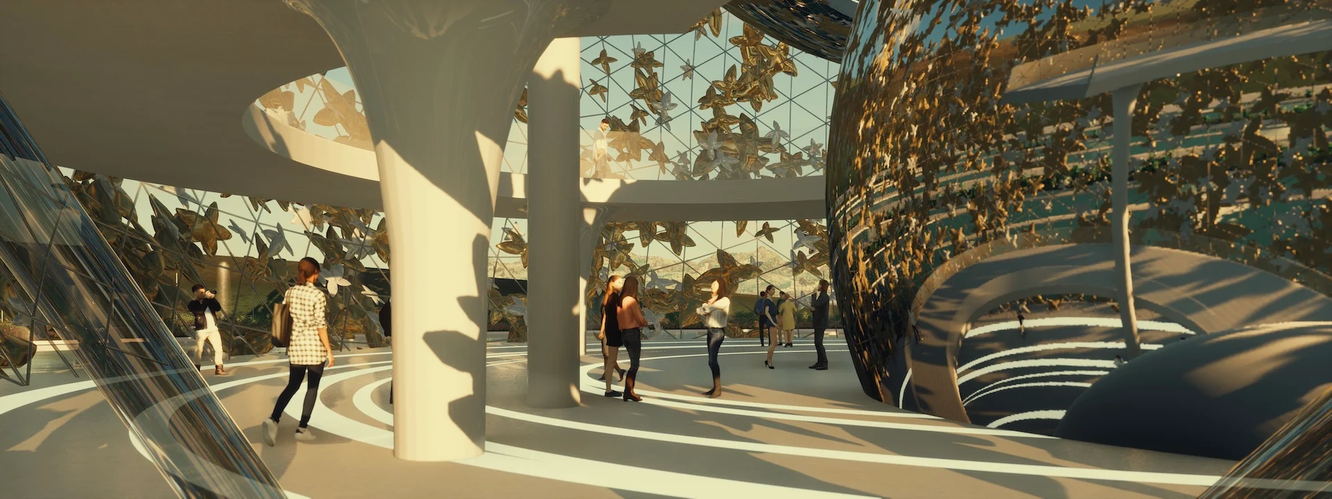 Interior render: visitors walking among white columns beneath a glazed canopy of rose motifs and a mirrored sphere – Scent Museum, 2022 – architecture concept
