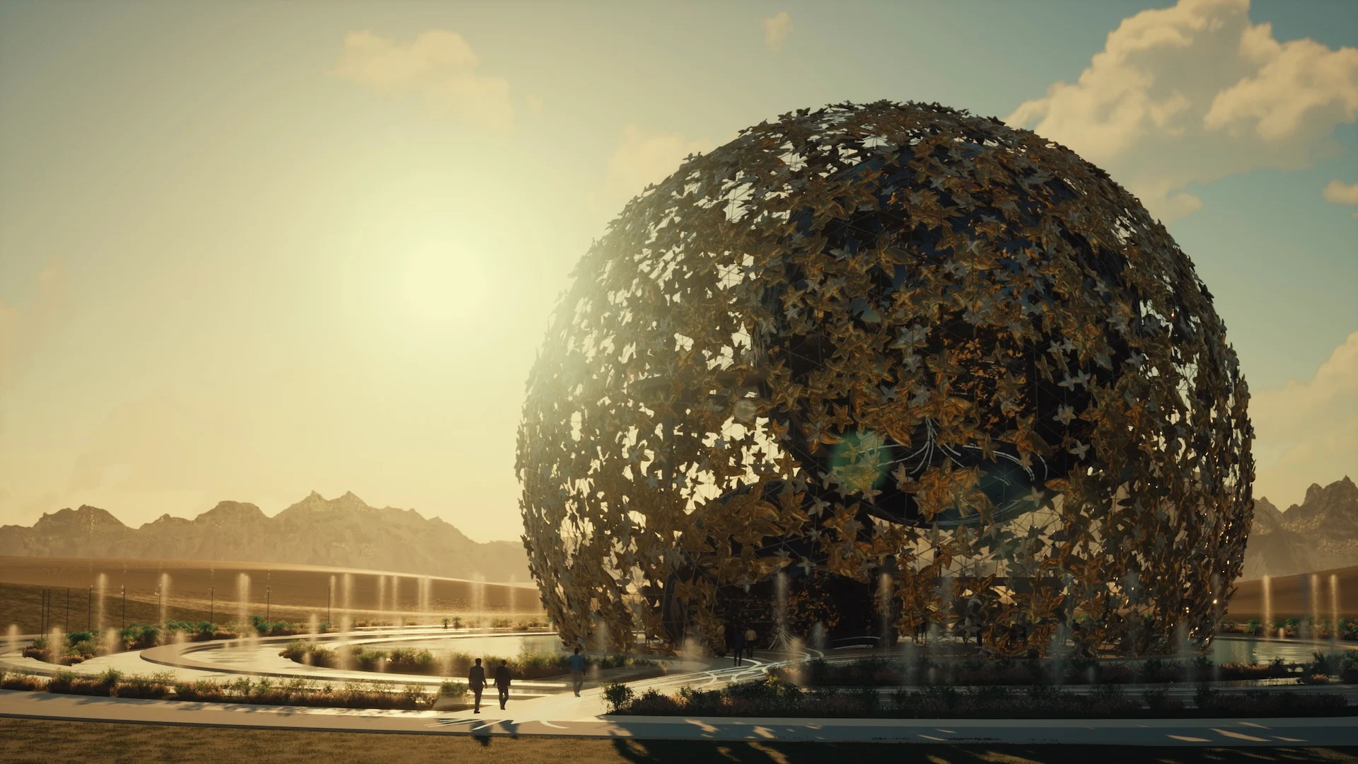 Render of the perforated globe of rose-shaped elements in bright sunlight, fountains and mountains around it – Scent Museum, 2022 – architecture concept