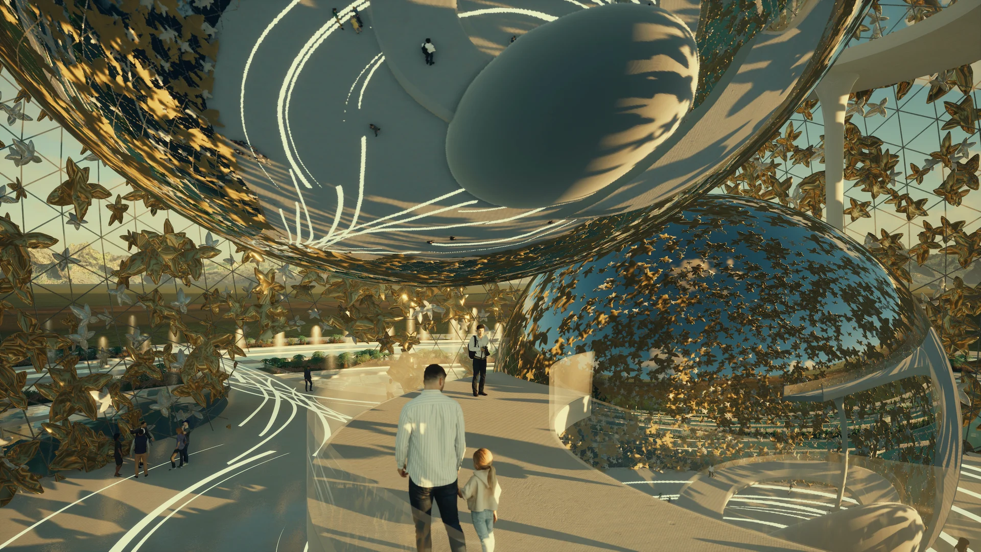 Interior render with mirrored spheres covered in golden roses suspended over curving walkways and visitors – Scent Museum, 2022 – architecture concept