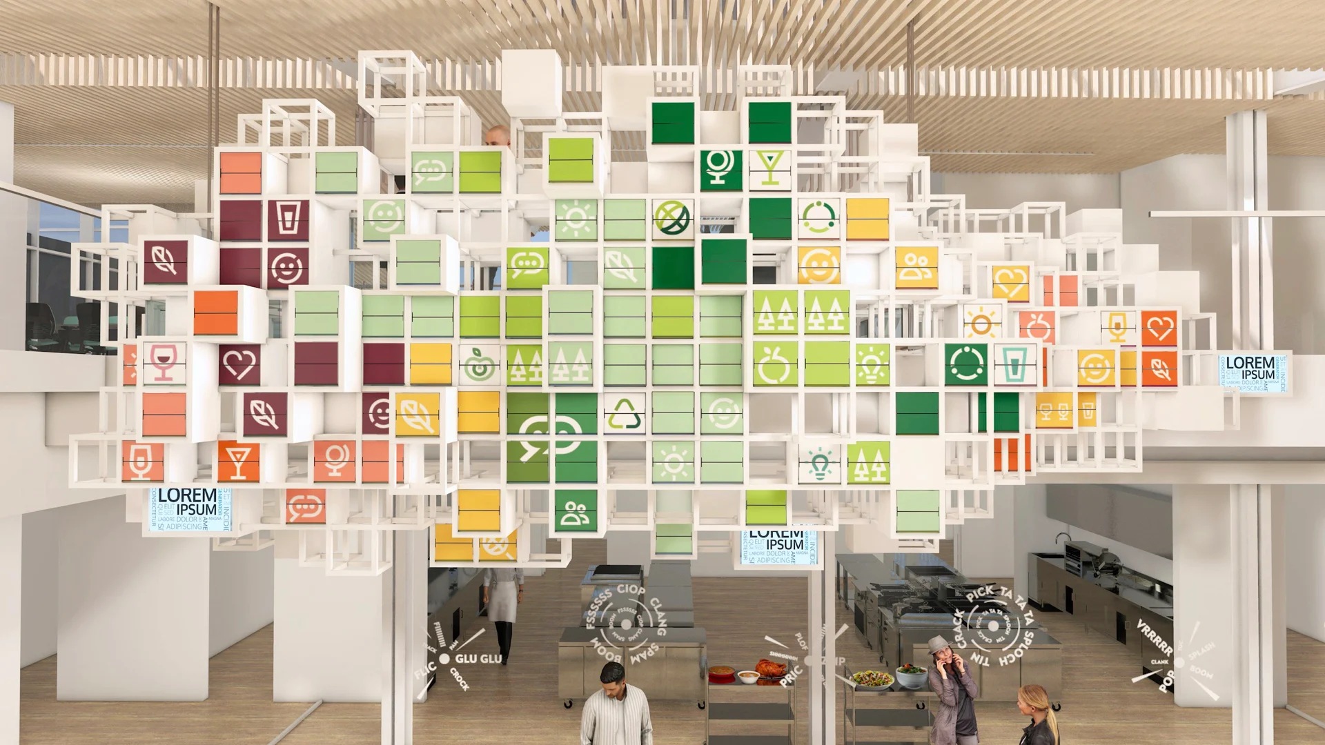 Render of La Nuvola above the kitchen area: a cloud of white cubes with green, orange and red food icons – La Nuvola at Cirfood District, Reggio Emilia, Italy, 2022 – kinetic installation design