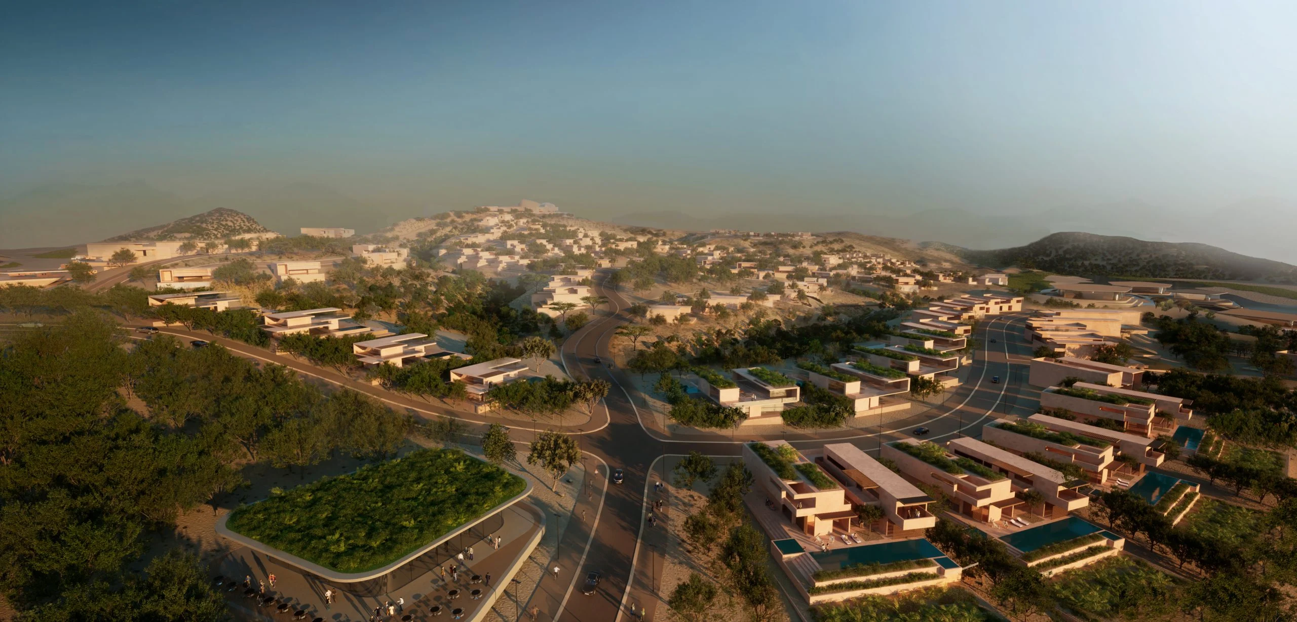 Aerial render of a residential district with flat-roofed terraced houses and a planted green roof – Bausher Heights, Muscat, Oman, 2022 – masterplan competition