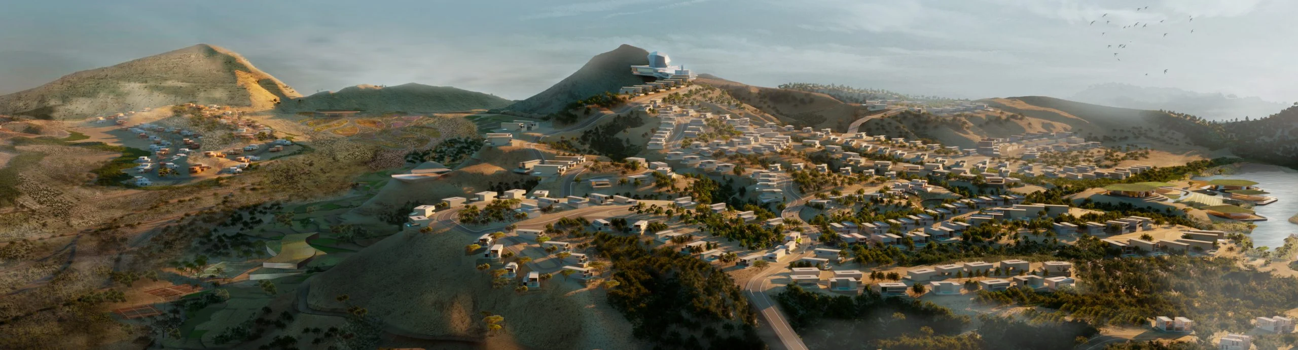 Panoramic render of hillside villages and green terraces, a white building crowning a peak – Bausher Heights, Muscat, Oman, 2022 – masterplan competition