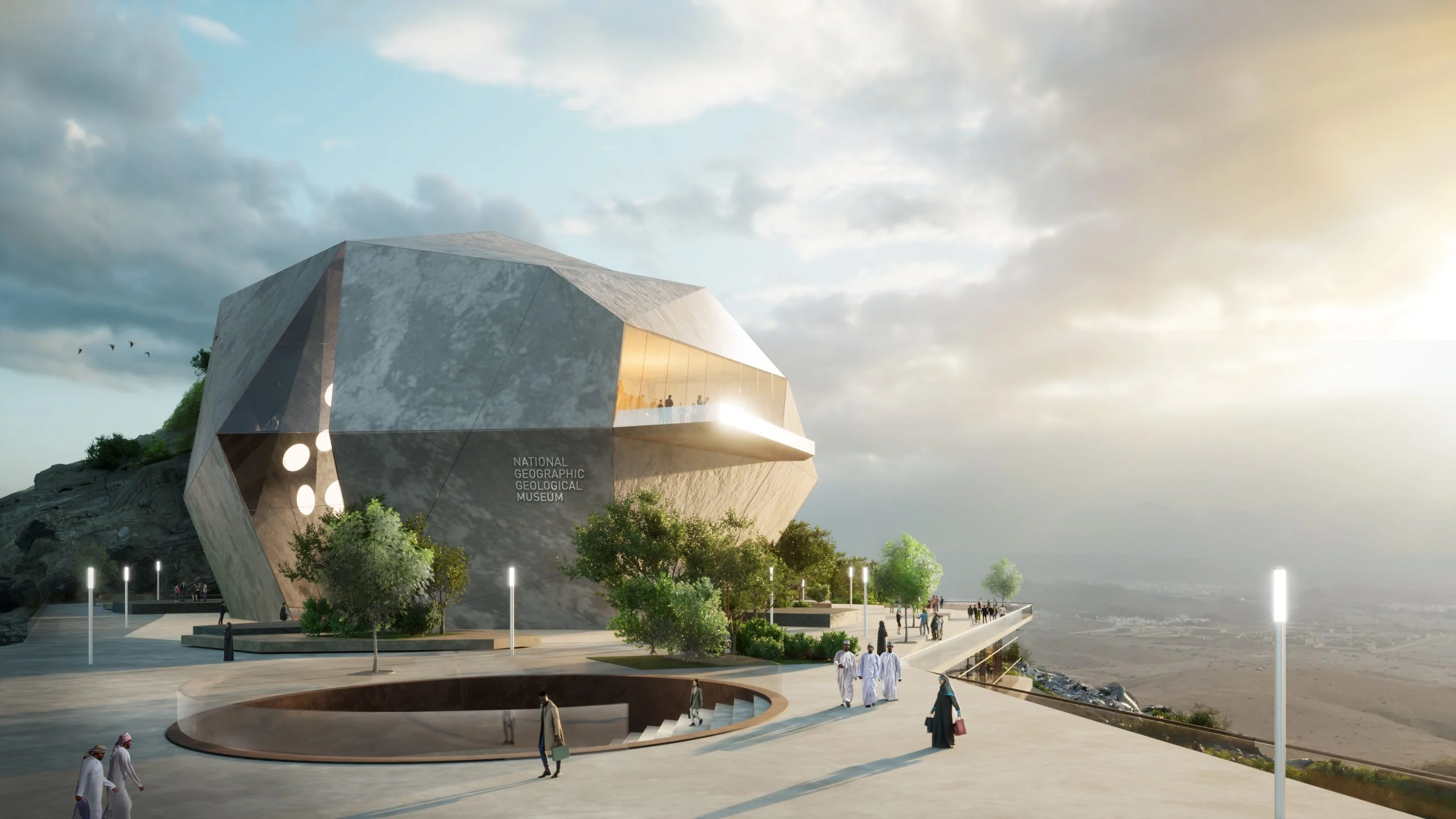 Render of the faceted museum building and its plaza, visitors walking along the lit cliff-top path – Bausher Heights, Muscat, Oman, 2022 – masterplan competition