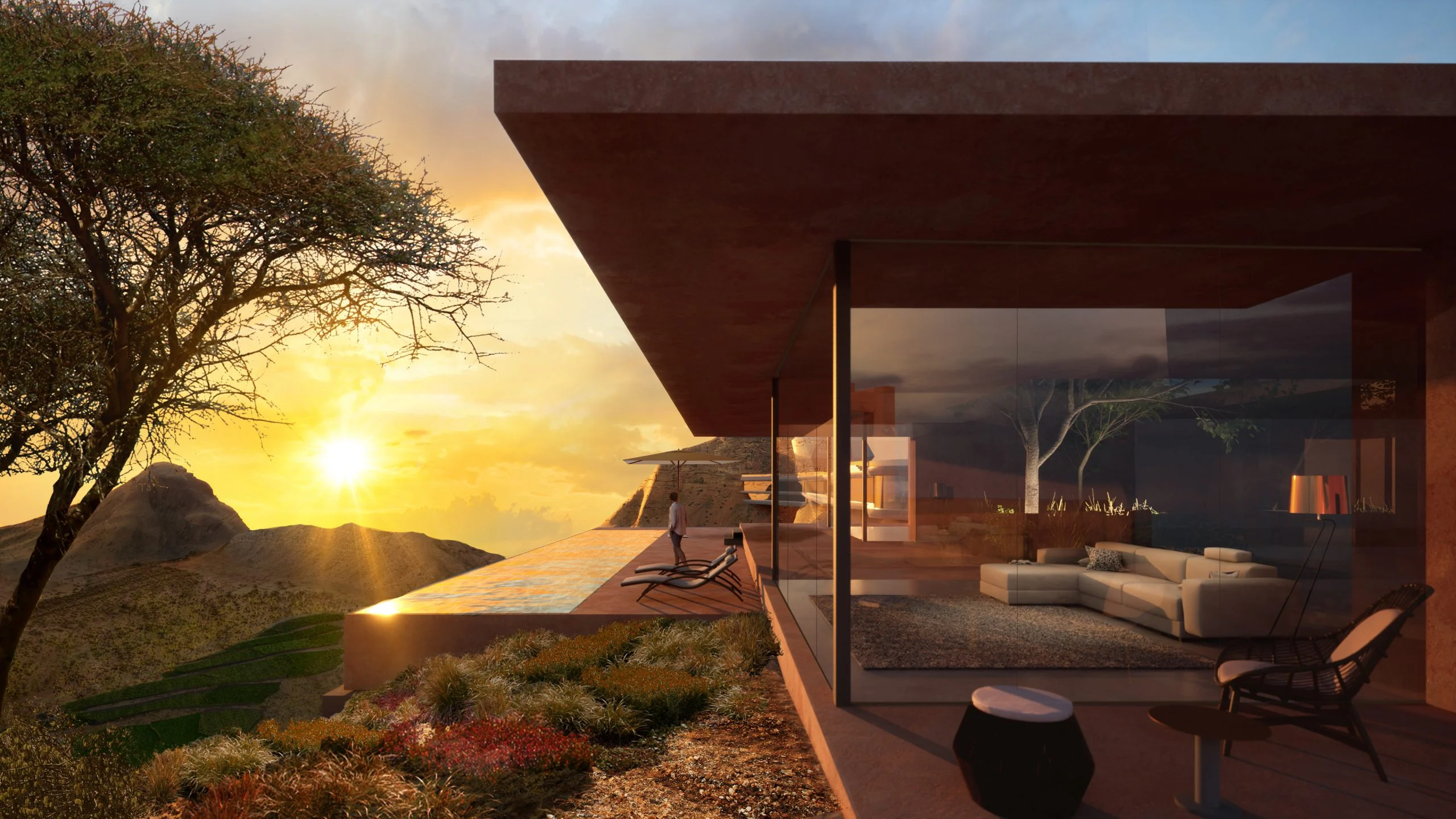 Render of a cantilevered villa with a glass living room and pool terrace facing a mountain sunset – Bausher Heights, Muscat, Oman, 2022 – masterplan competition