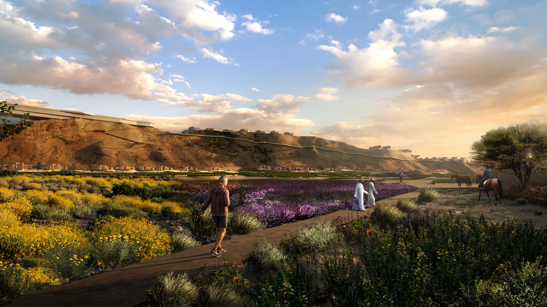 Render of a path through yellow and purple flowering meadows, a rider on horseback and hills behind – Bausher Heights, Muscat, Oman, 2022 – masterplan competition
