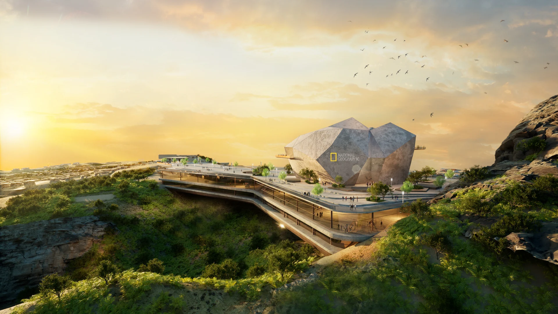 Render of the faceted stone-clad National Geographic museum on a cliff-edge terrace at sunset – Bausher Heights, Muscat, Oman, 2022 – masterplan competition