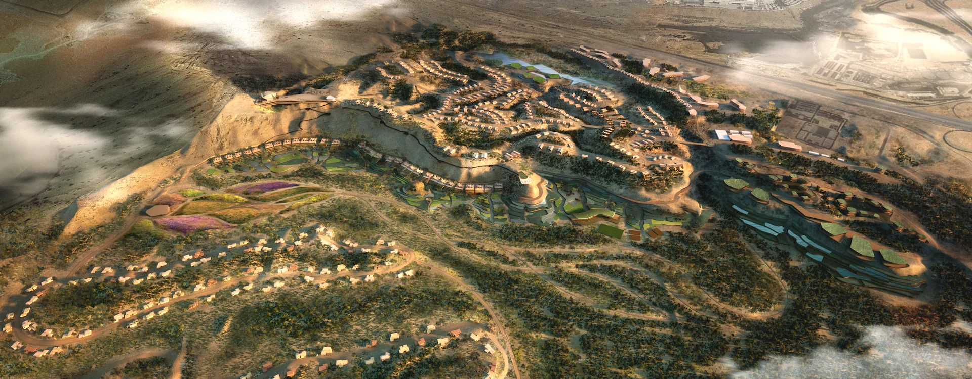 Aerial render of the Bausher Heights masterplan, with terraced residential clusters spread across the hills – Bausher Heights, Muscat, Oman, 2022 – masterplan competition