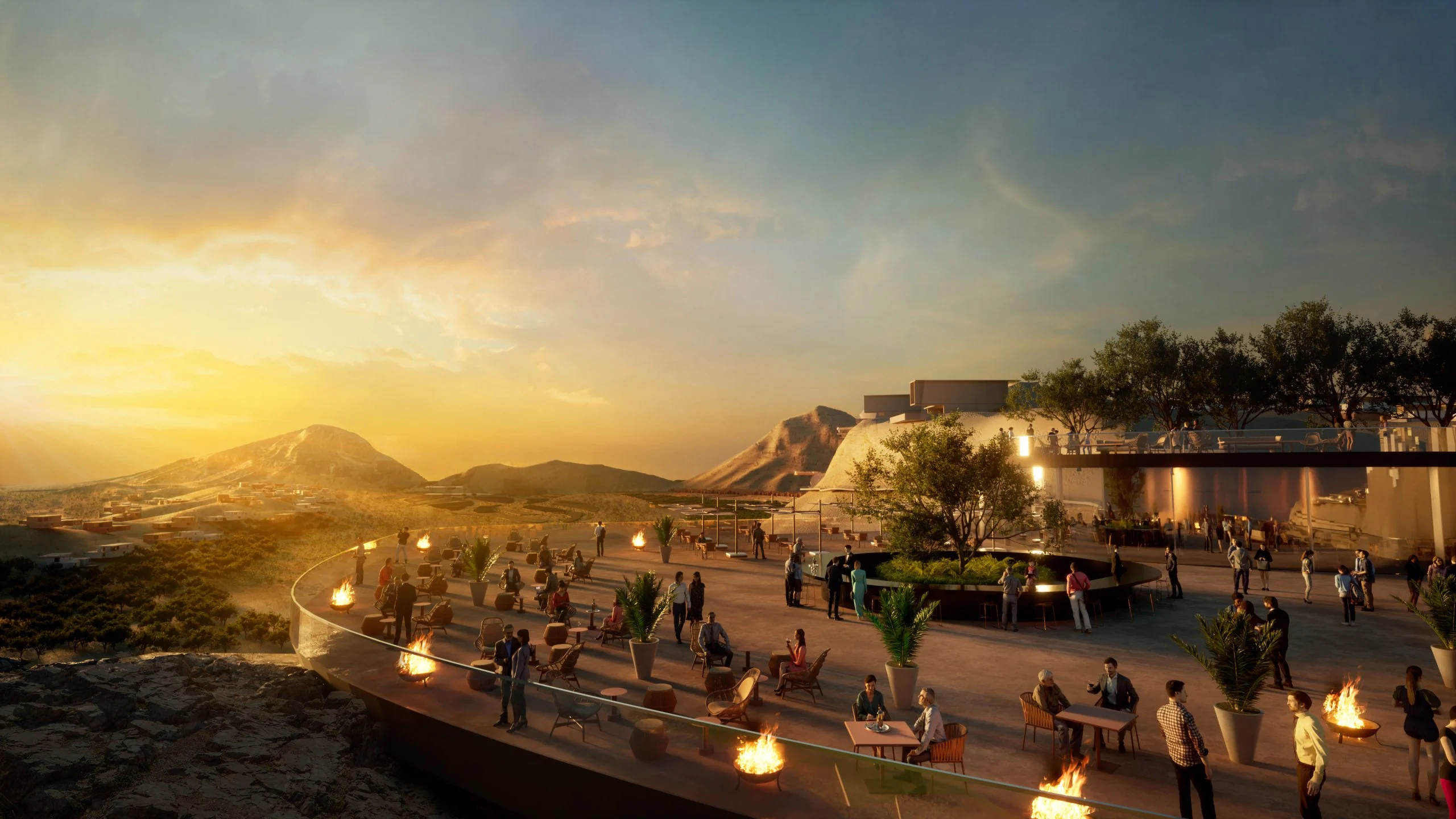 Render of a panoramic rooftop terrace with fire pits and guests at dusk, mountains on the horizon – Bausher Heights, Muscat, Oman, 2022 – masterplan competition