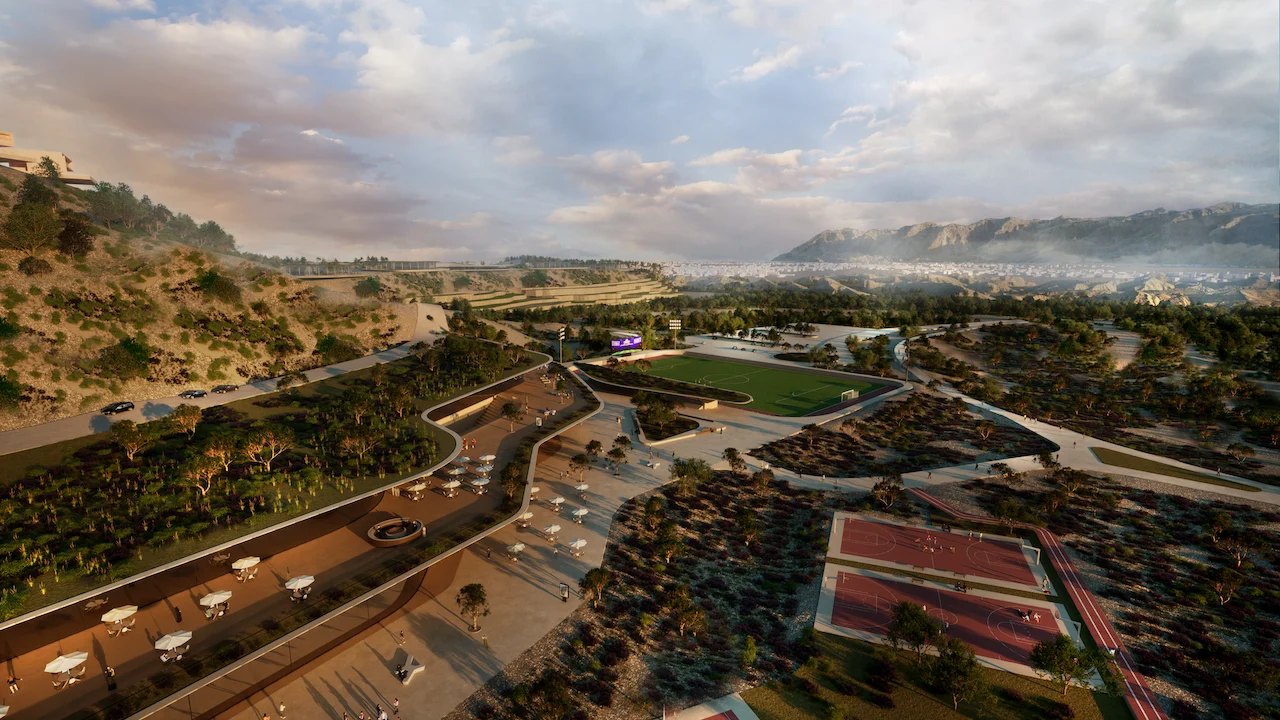 Aerial render of the masterplan with sports pitches, tennis courts and winding paths below the mountains – Bausher Heights, Muscat, Oman, 2022 – masterplan competition