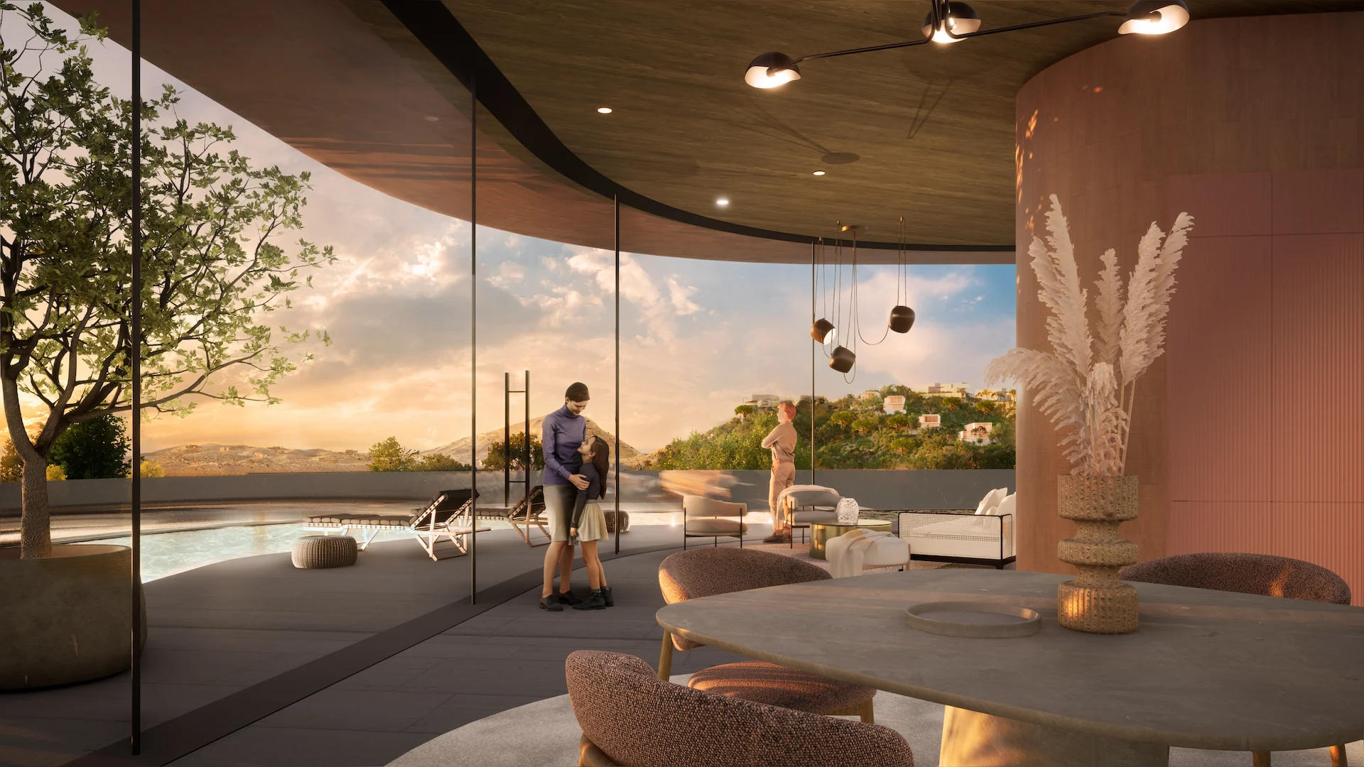Render of a curved glass-walled living room opening onto a pool terrace at sunset – Bausher Heights, Muscat, Oman, 2022 – masterplan competition