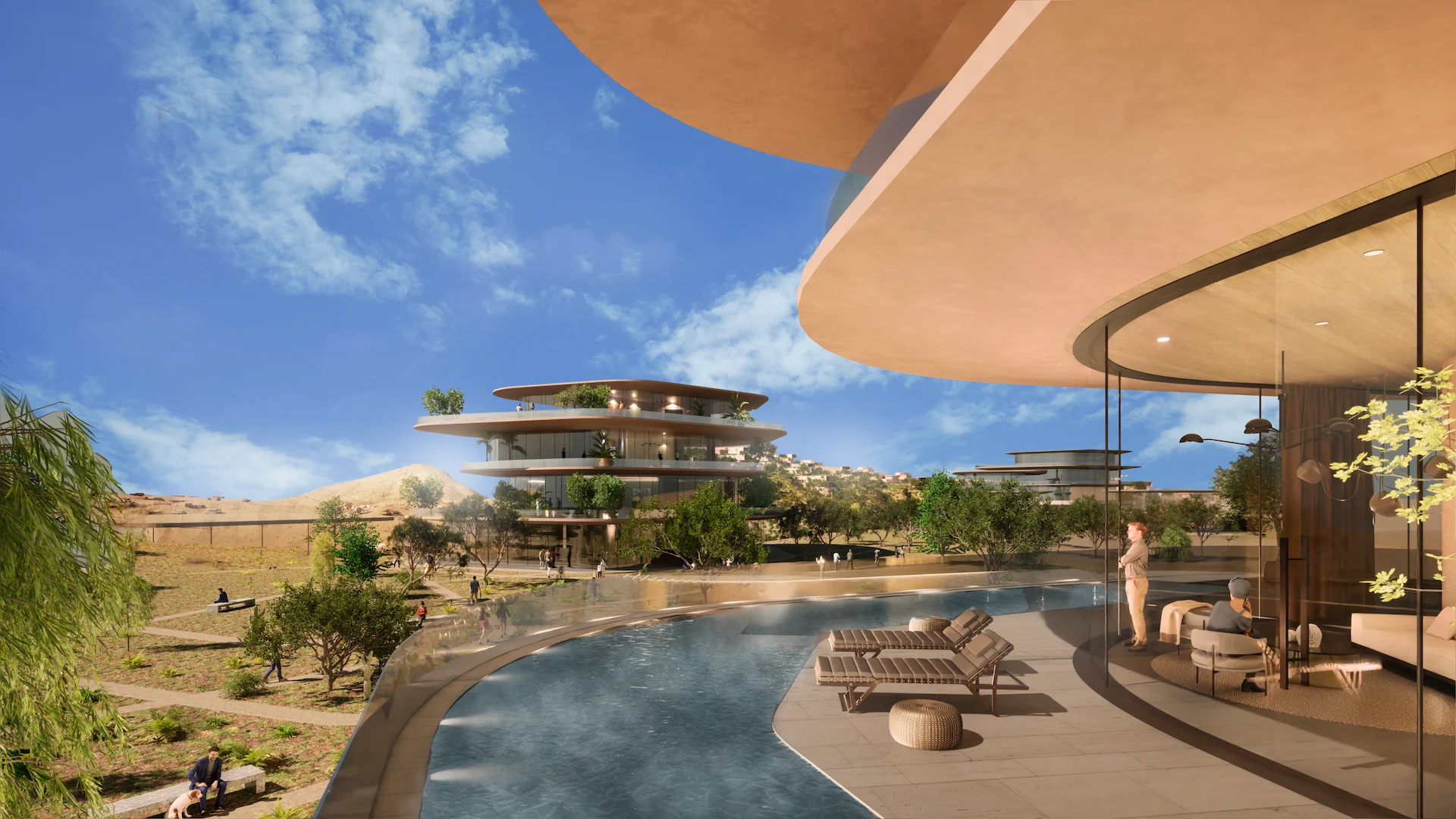 Render of a curved residence terrace with an infinity pool overlooking rounded multi-level buildings – Bausher Heights, Muscat, Oman, 2022 – masterplan competition