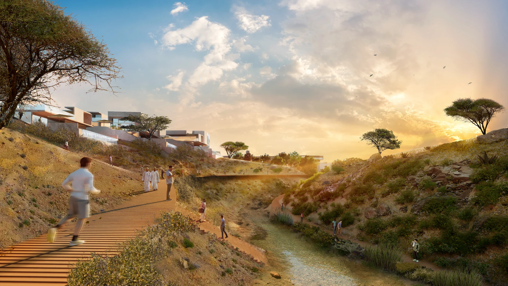Render of a wooden stepped path along a green valley with a stream, terraced villas on the slope – Bausher Heights, Muscat, Oman, 2022 – masterplan competition
