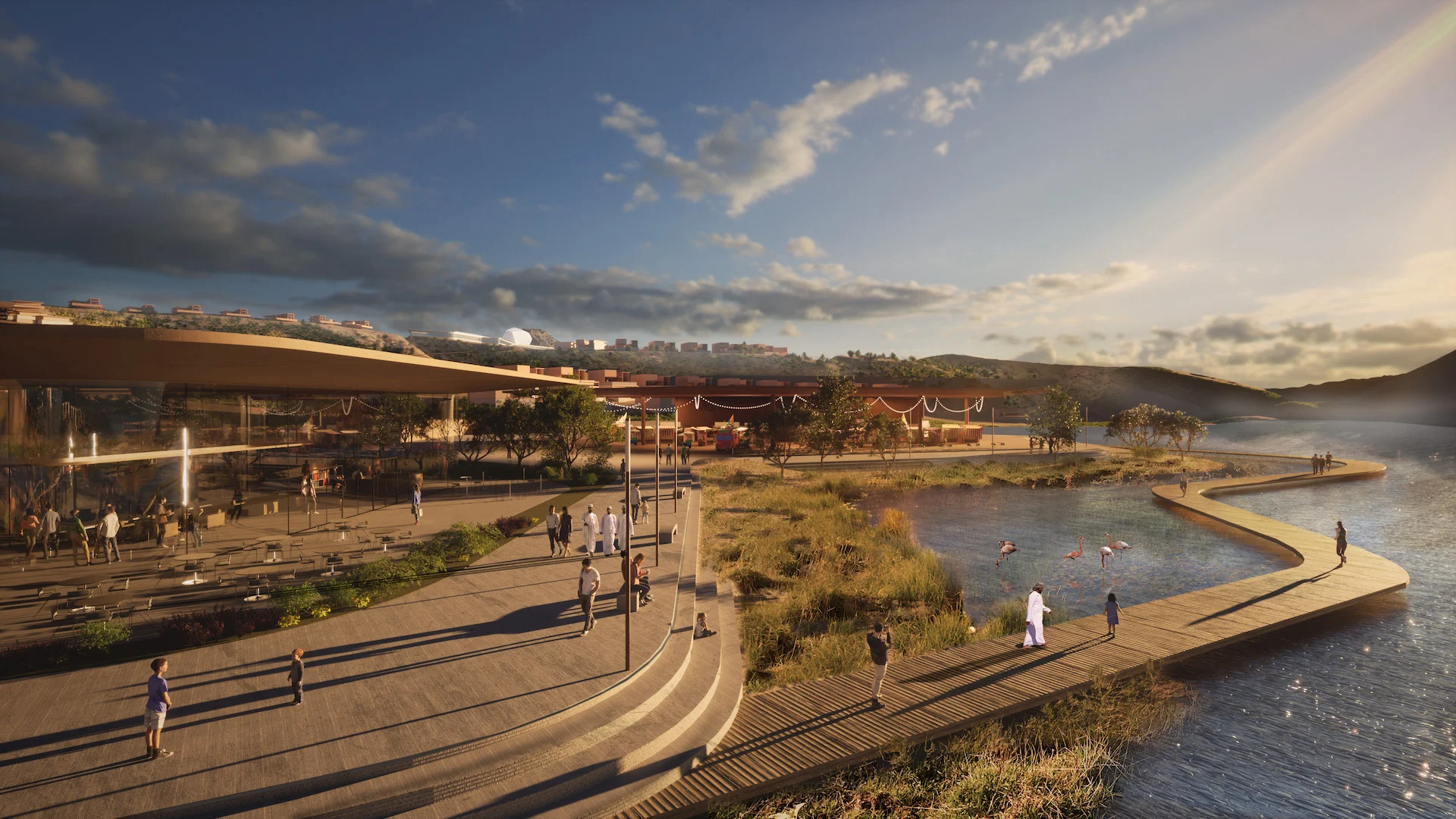 Render of a lakeside promenade with a wooden boardwalk and stepped seating at sunset – Bausher Heights, Muscat, Oman, 2022 – masterplan competition