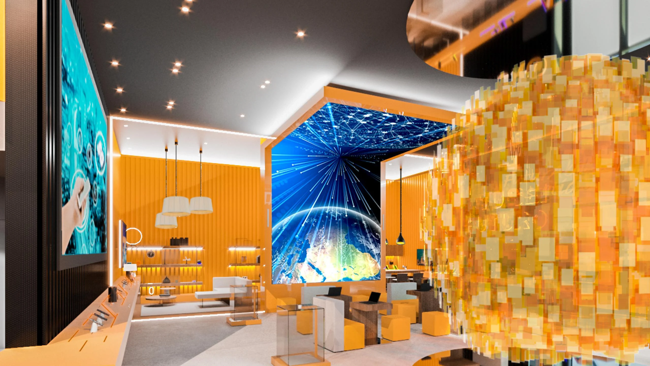 Render of the yellow lounge with a screen showing Earth, display cases and the suspended tile sphere – STEP FuturAbility District by Fastweb, Milan, Italy, 2022 – exhibition design