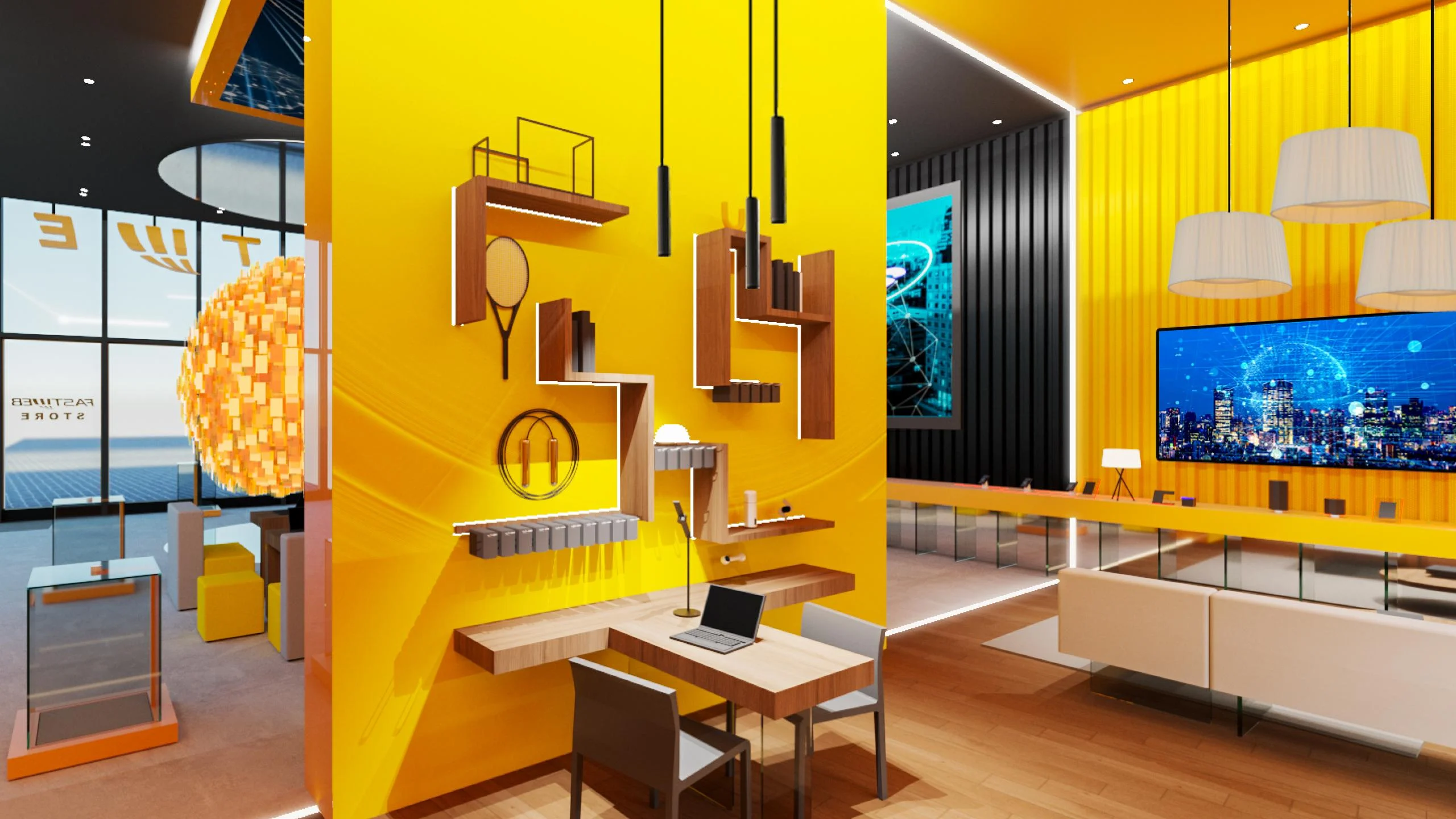 Render of a yellow wall with shelves forming a desk and display niches, a lounge and screen beyond – STEP FuturAbility District by Fastweb, Milan, Italy, 2022 – exhibition design