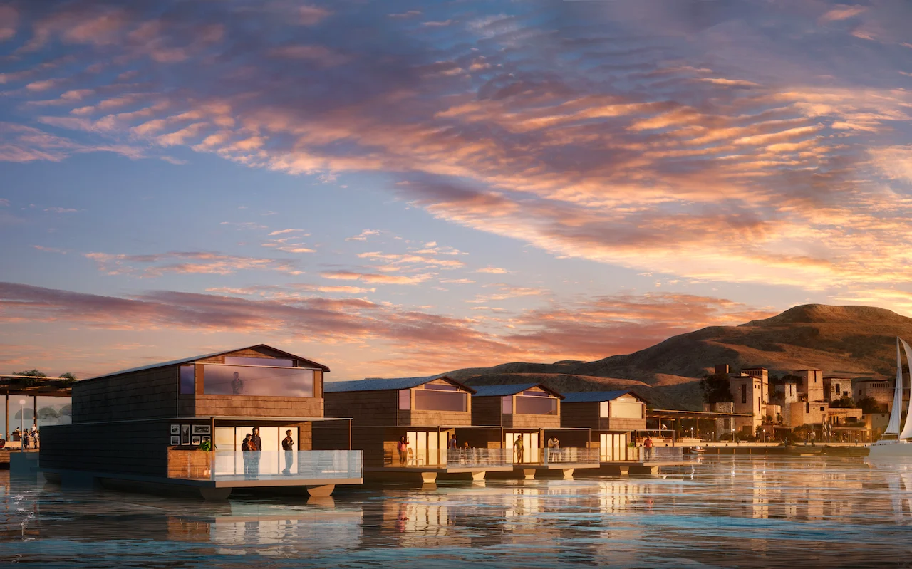 Render of floating houseboats on calm water at sunset, the village and hills behind – Khor Grama, Oman, 2023 – masterplan