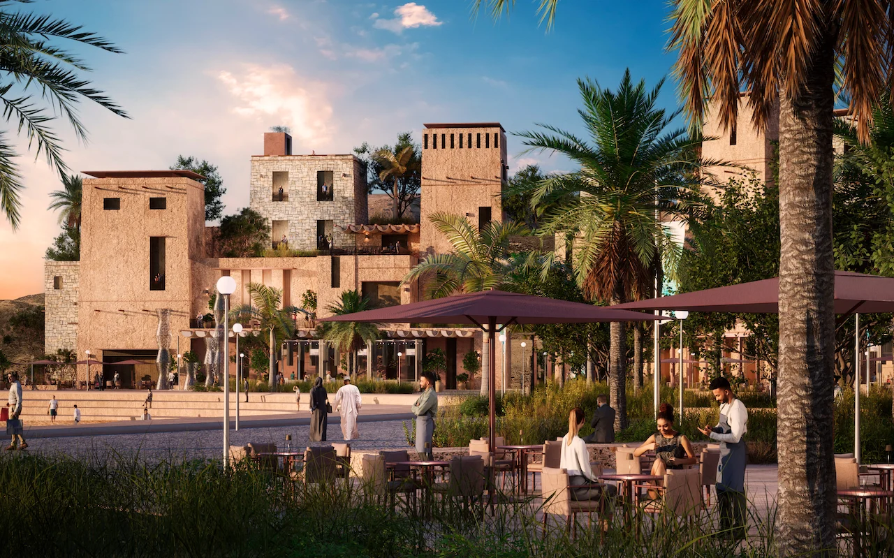 Render of a café terrace with purple umbrellas and palms before stone tower houses – Khor Grama, Oman, 2023 – masterplan