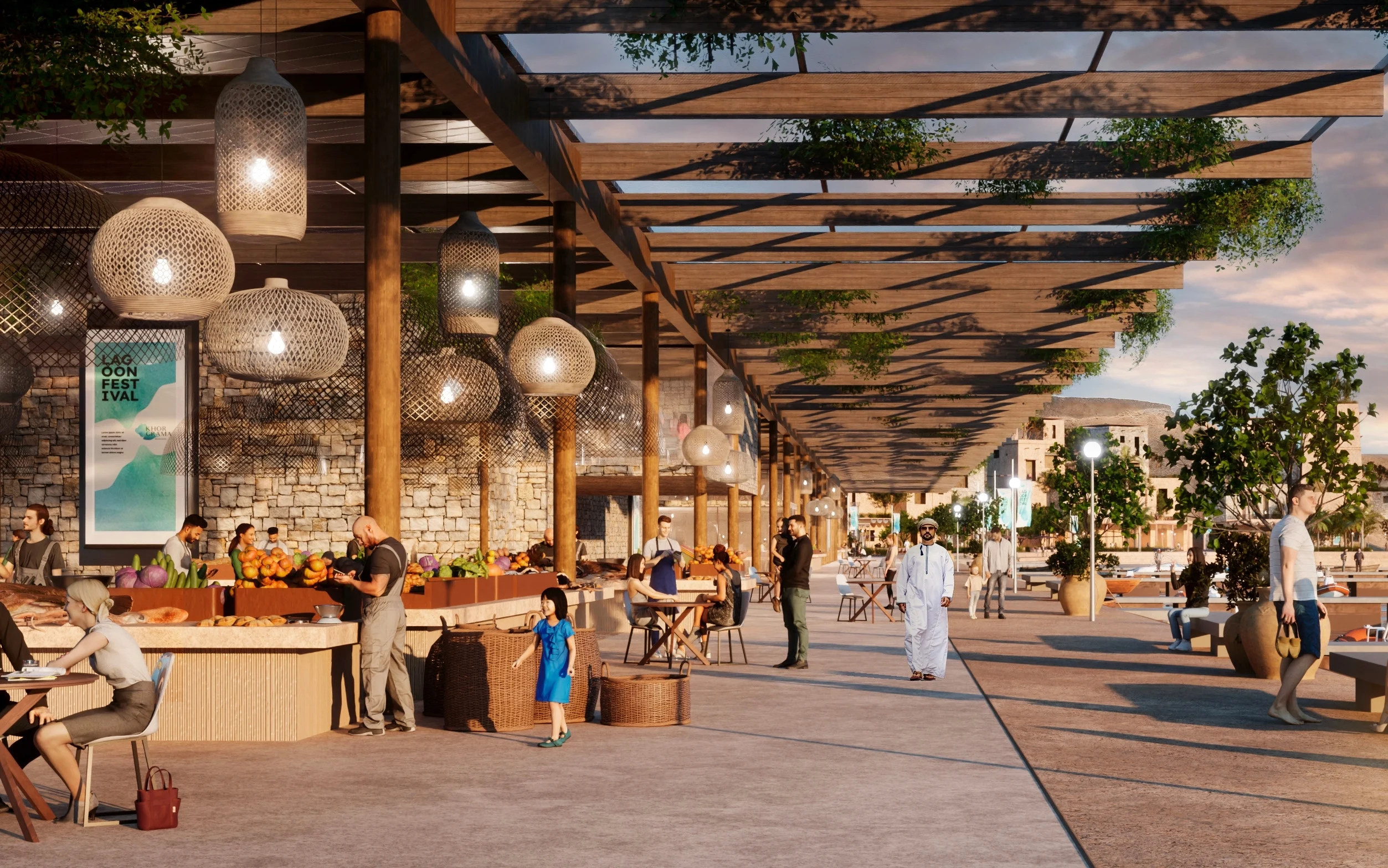 Render of the fishermen market under a timber pergola with woven pendant lamps – Khor Grama, Oman, 2023 – masterplan