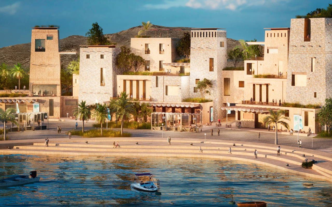 Render of the Khor Grama waterfront: stone tower houses, palm trees and stepped quays by the sea – Khor Grama, Oman, 2023 – masterplan