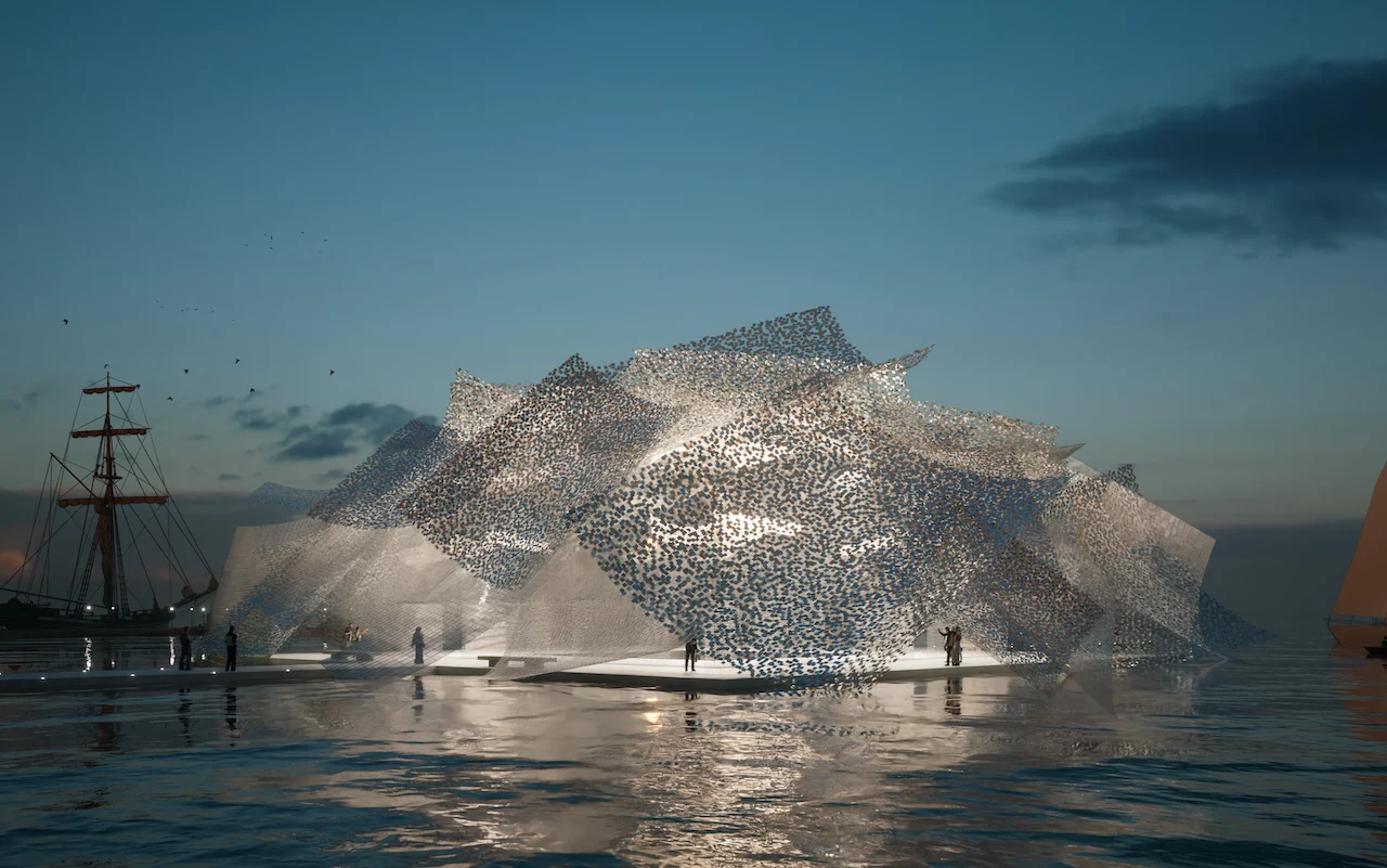 Render of the floating pavilion at dusk: a faceted perforated canopy above the water – Khor Grama, Oman, 2023 – masterplan