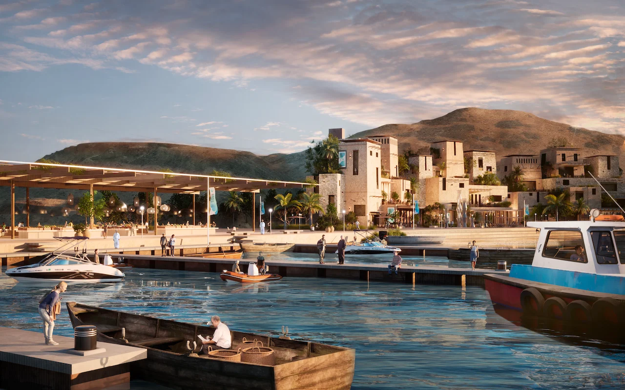 Render of the harbour with moored boats and wooden jetties, the village on the hills behind – Khor Grama, Oman, 2023 – masterplan
