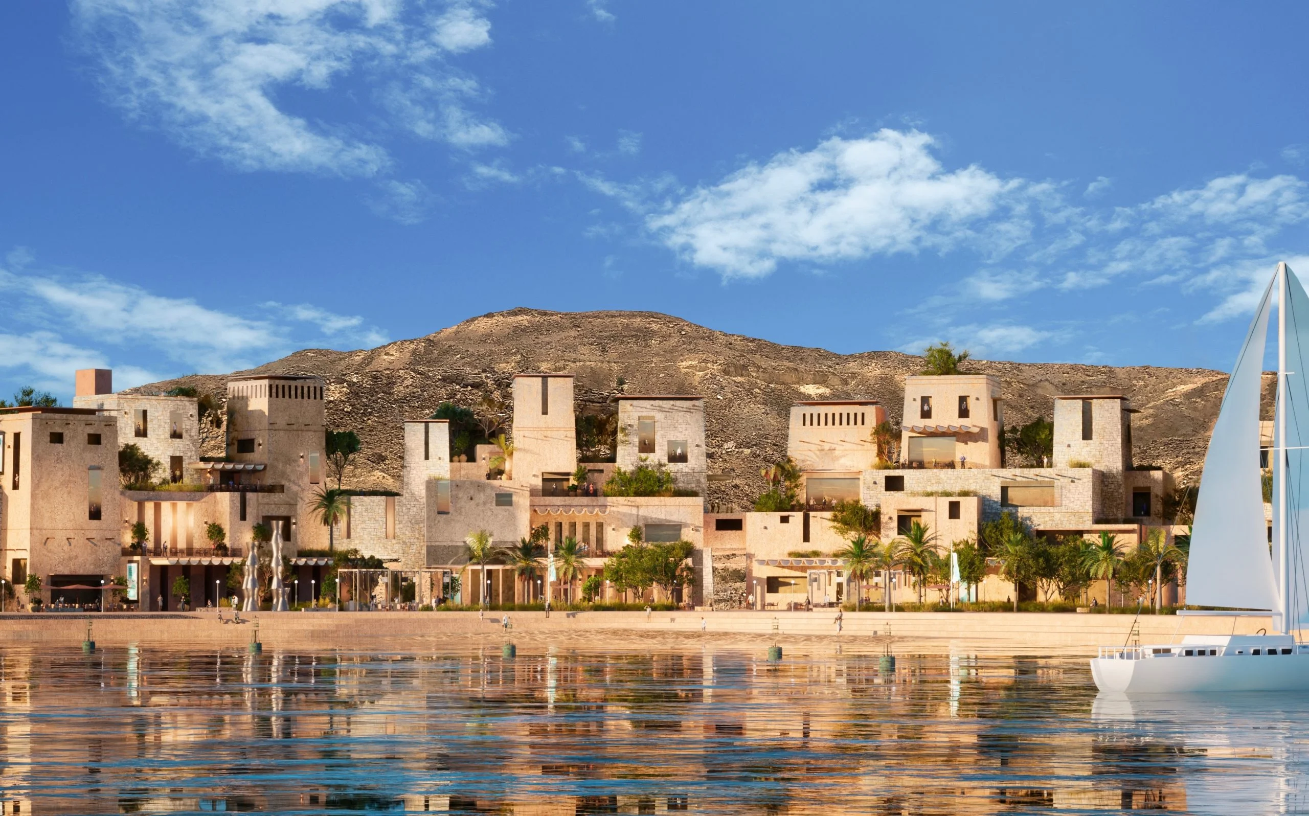 Render of the Khor Grama village across the bay under a blue sky, a sailboat on the right – Khor Grama, Oman, 2023 – masterplan