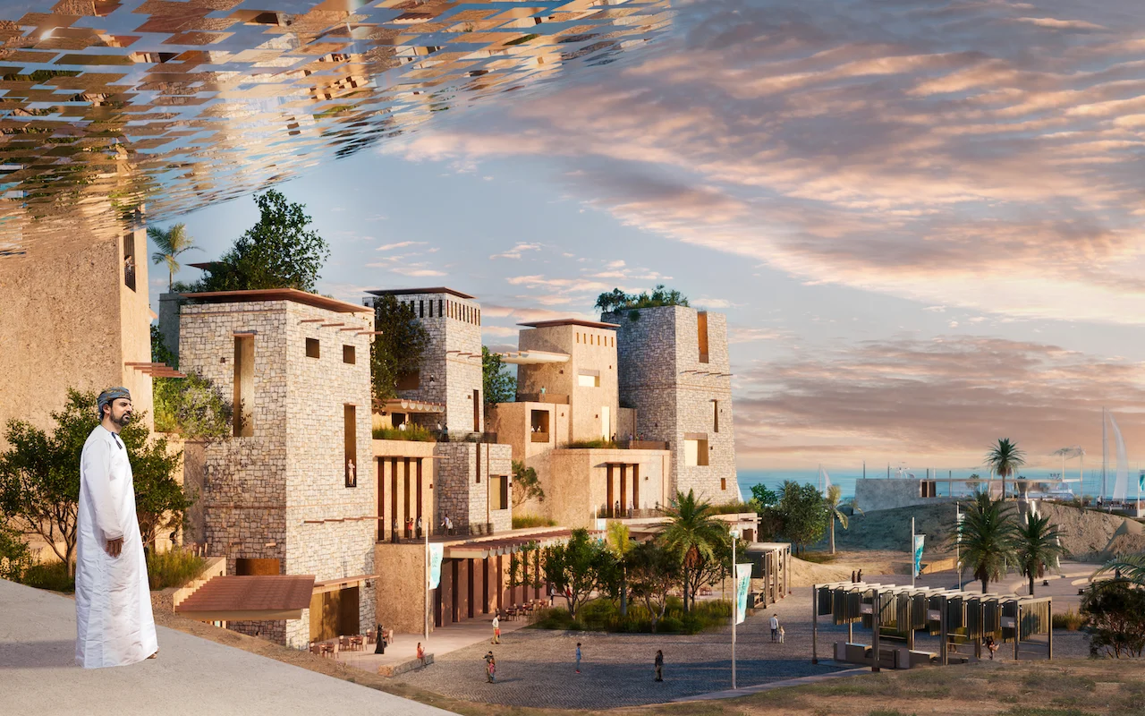 Render of stone tower buildings on a slope at sunset, a man in a white dishdasha in front – Khor Grama, Oman, 2023 – masterplan