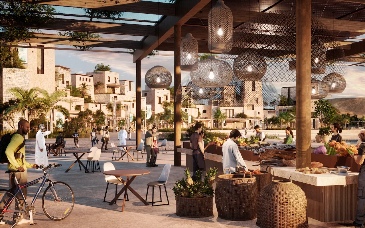 Render of the market stalls with fish and fruit under rattan lamps, cyclist and visitors – Khor Grama, Oman, 2023 – masterplan