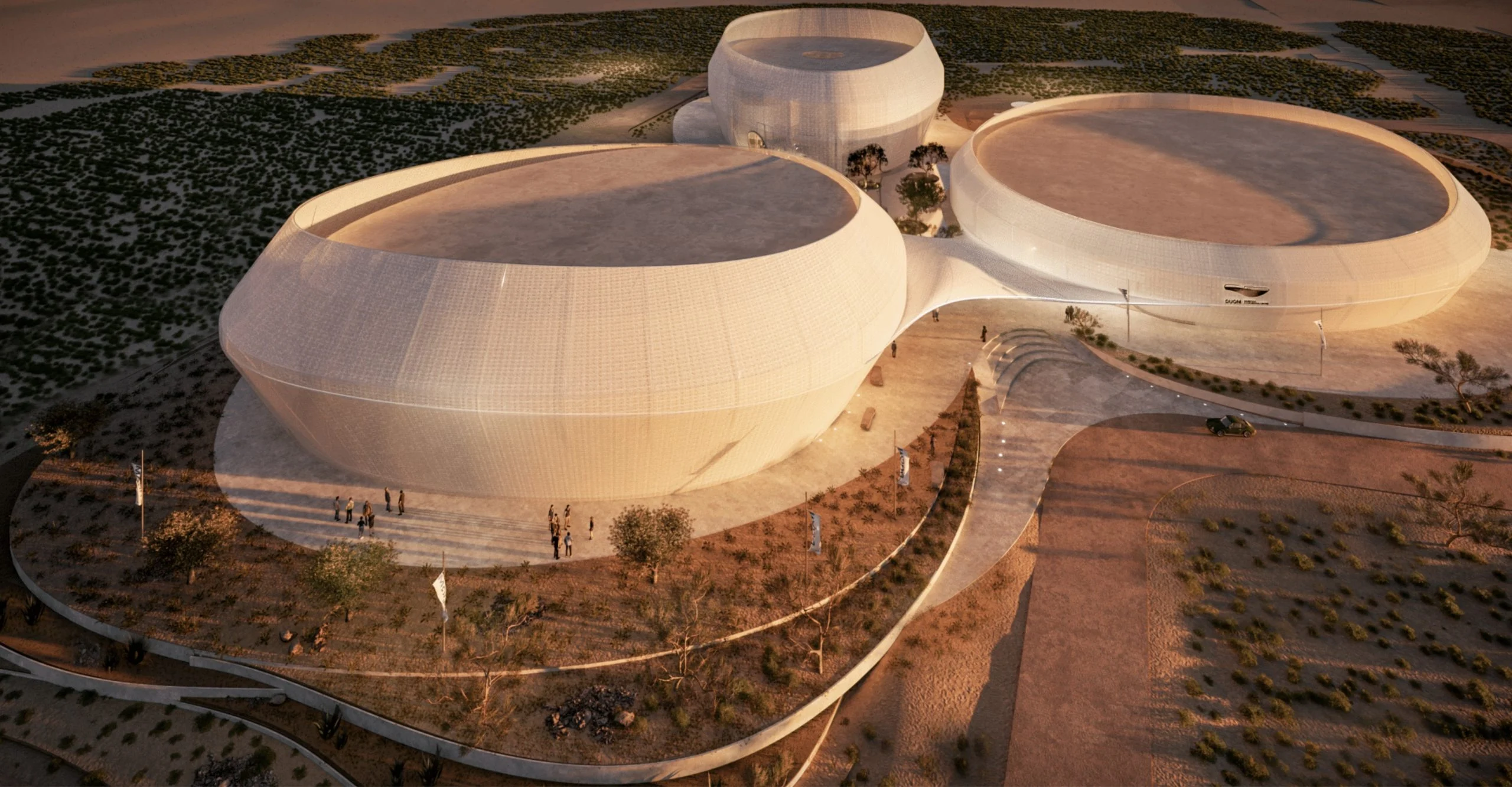 Aerial render of the Duqm convention center: three rounded white volumes linked by a canopy in the desert – Duqm Exhibition & Convention Center, Oman, 2024 – architecture