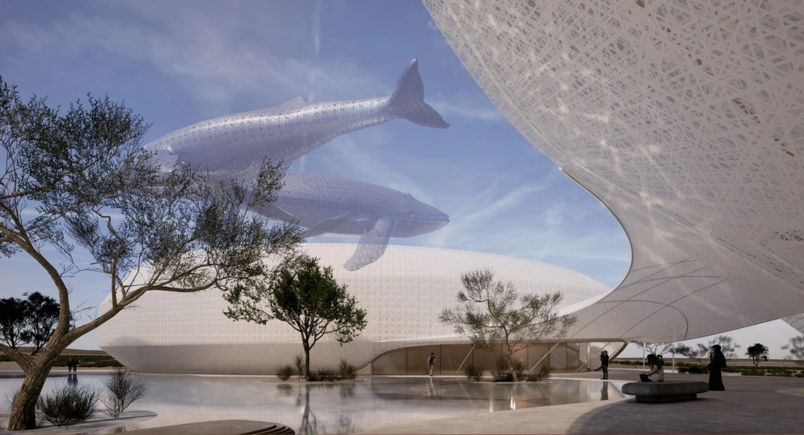 Render of suspended whale sculptures above a reflecting pool between the white perforated shells – Duqm Exhibition & Convention Center, Oman, 2024 – architecture