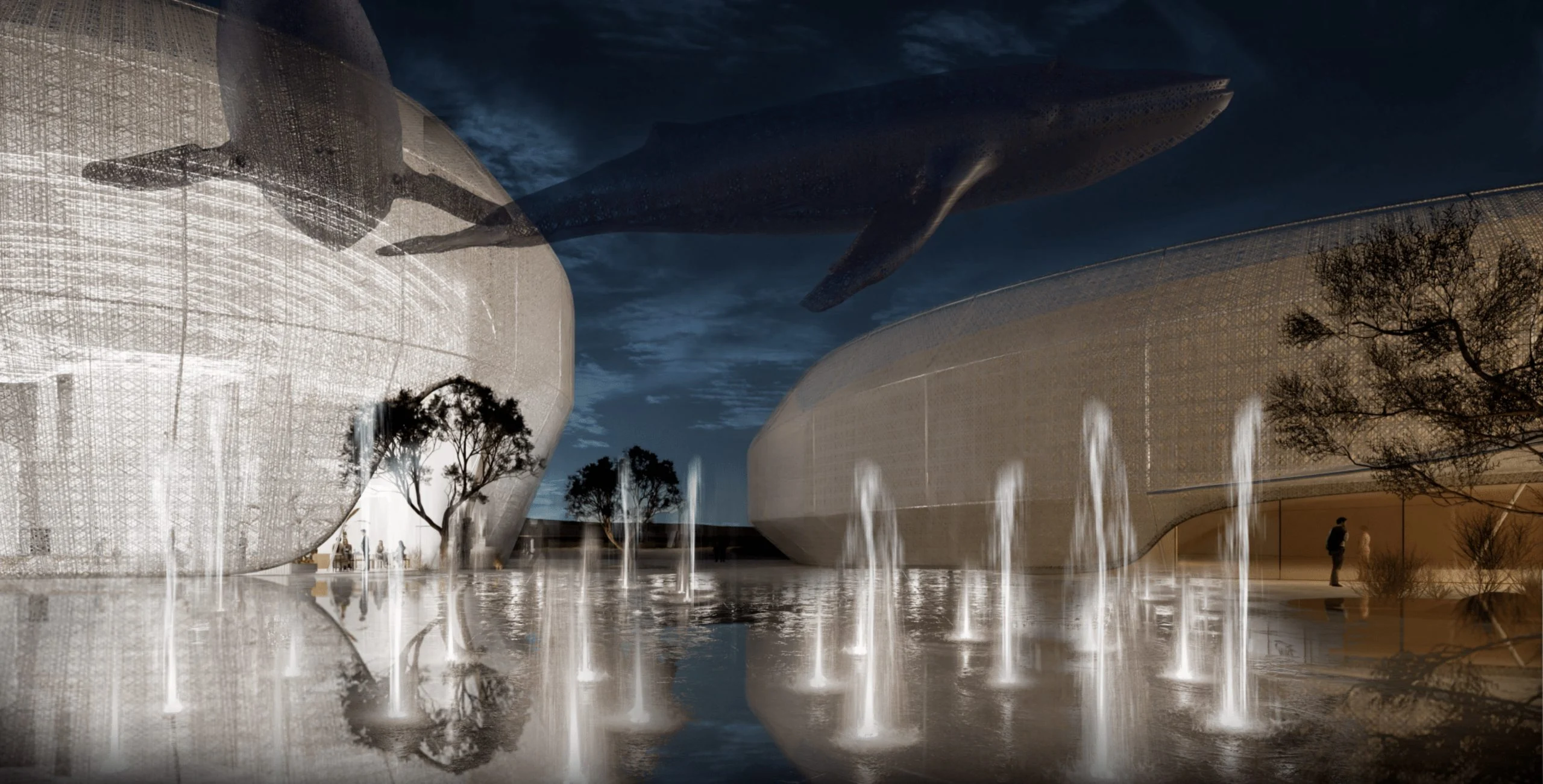 Night render of fountains in a reflecting pool between glowing mesh shells, a whale sculpture overhead – Duqm Exhibition & Convention Center, Oman, 2024 – architecture