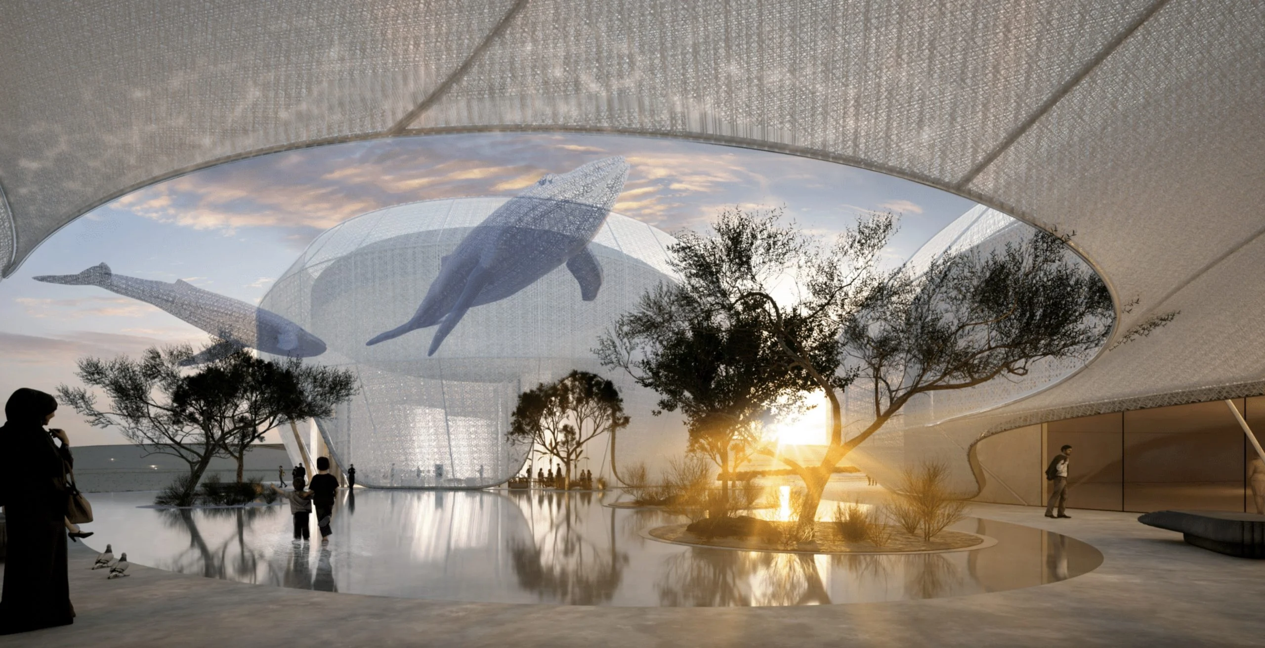 Render of a reflecting pool and olive trees under an oval canopy opening, whale sculptures in the sky – Duqm Exhibition & Convention Center, Oman, 2024 – architecture