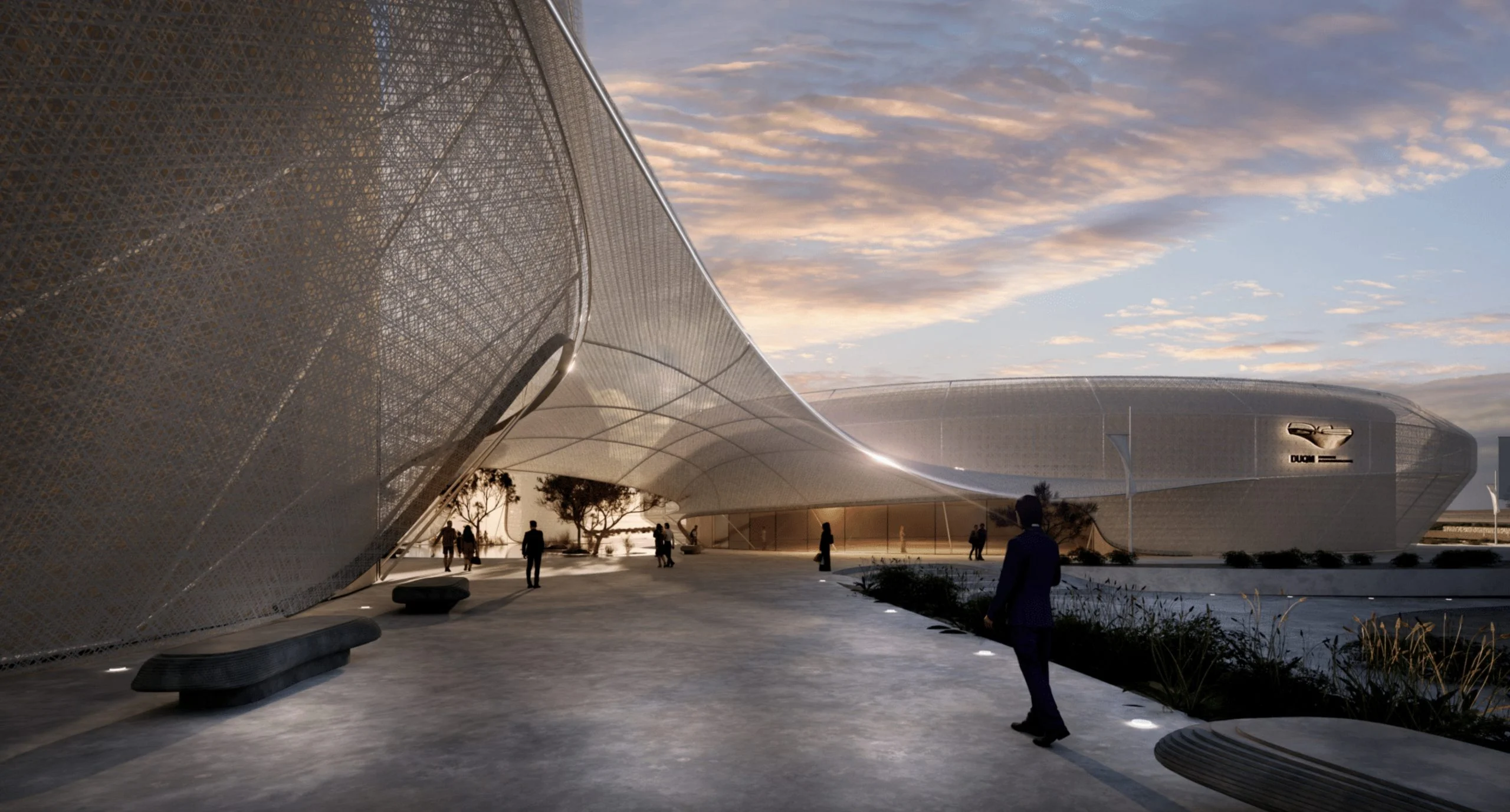 Dusk render of a walkway beneath a sweeping perforated shell, a second rounded volume beyond – Duqm Exhibition & Convention Center, Oman, 2024 – architecture