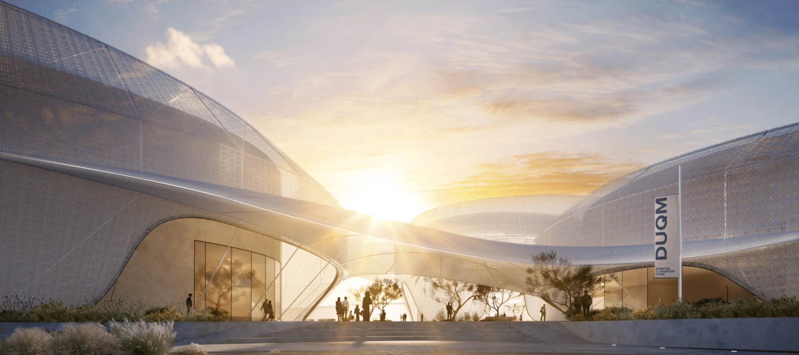 Render of the Duqm entrance at sunset: curved white mesh shells, a DUQM banner and a glazed lobby – Duqm Exhibition & Convention Center, Oman, 2024 – architecture