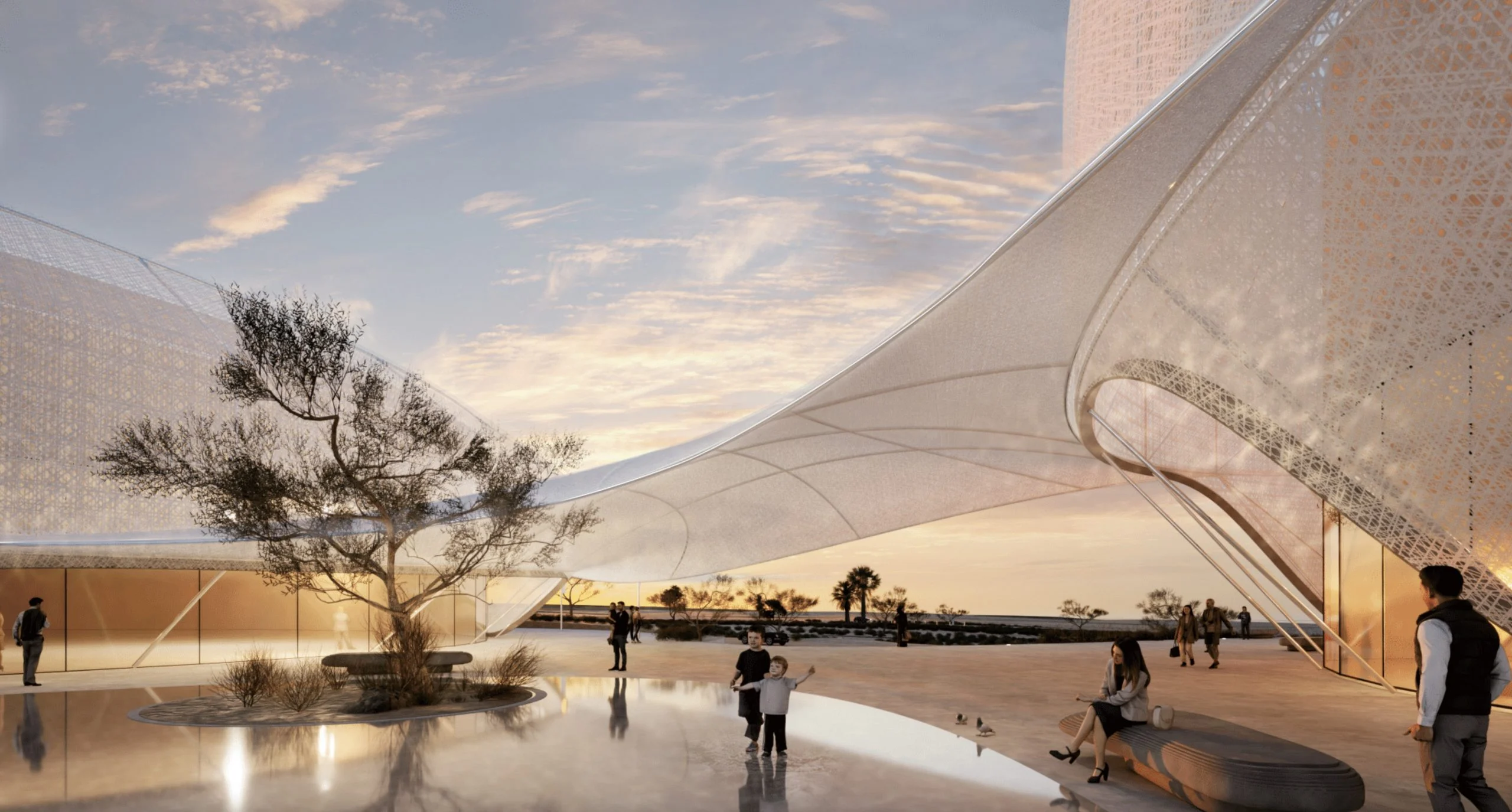 Render of a sunset plaza under a sweeping white mesh canopy, with a tree, visitors and a reflecting floor – Duqm Exhibition & Convention Center, Oman, 2024 – architecture